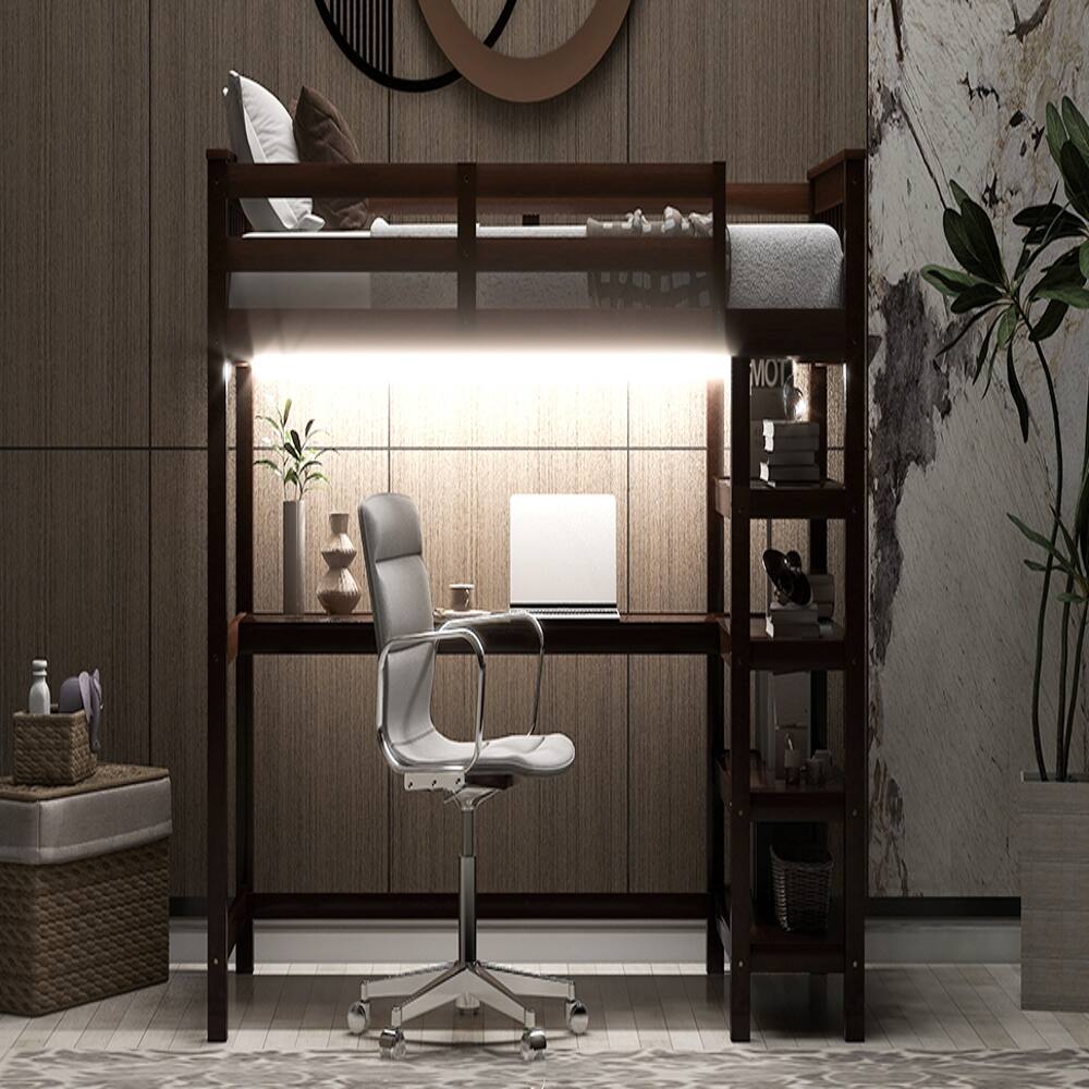 Alt View 4. Loheer - Loheer Twin Size Loft Bed with Desk and Storage Shelves, Espresso Wood Loft Bed with LED Lights - Espresso.