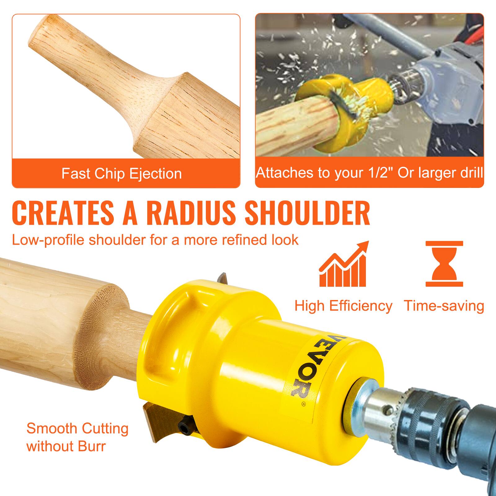 - Fast Chip Ejection
- Attaches to your 1/2" Or larger drill
- CREATES A RADIUS SHOULDER
  - Low-profile shoulder for a more refined look
- Smooth Cutting without Burr
- High Efficiency
- Time-saving