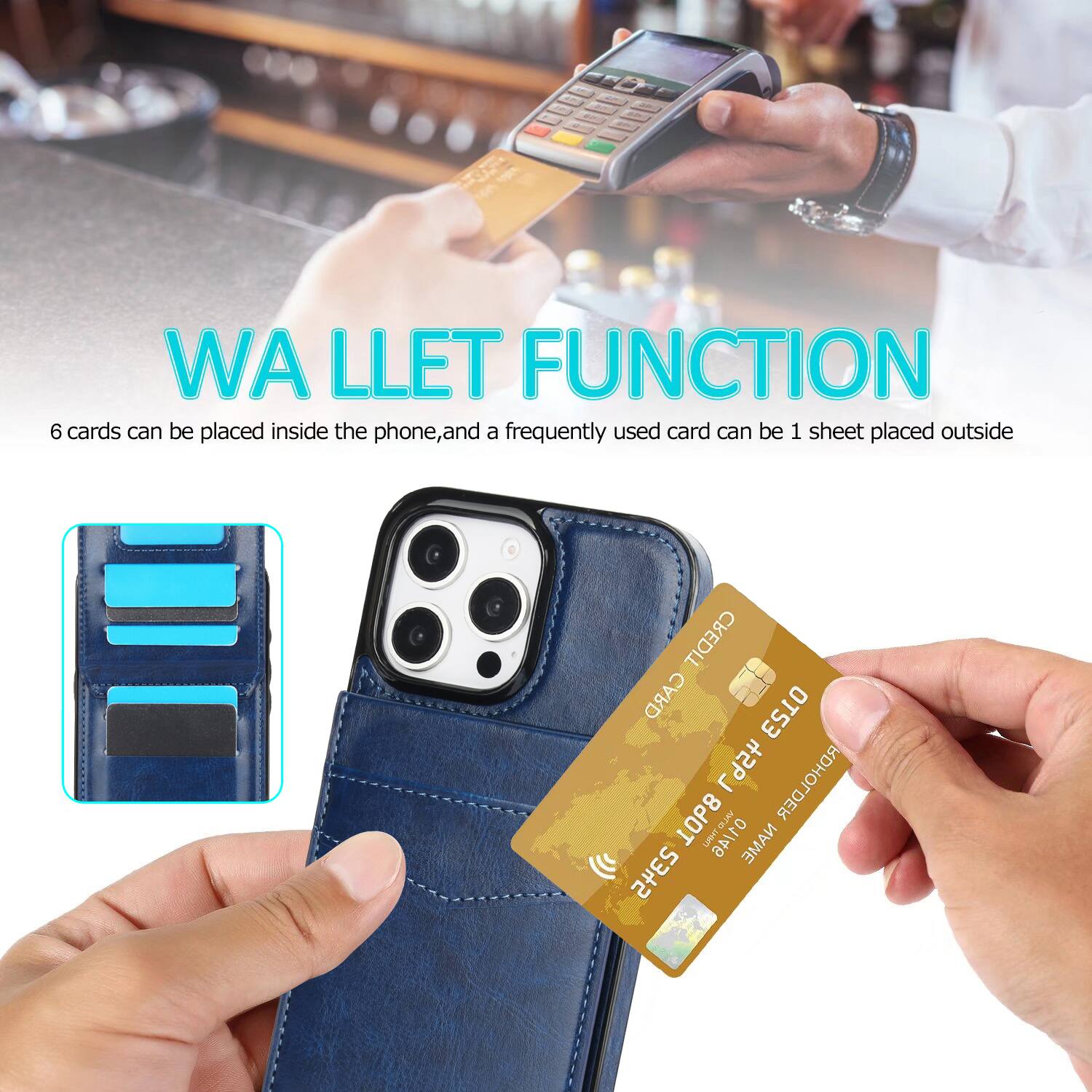 WA LLET FUNCTION  
6 cards can be placed inside the phone, and a frequently used card can be 1 sheet placed outside  
CREDIT CARD HOLDER  
Asm LMHT  
ANTID NAME 2345