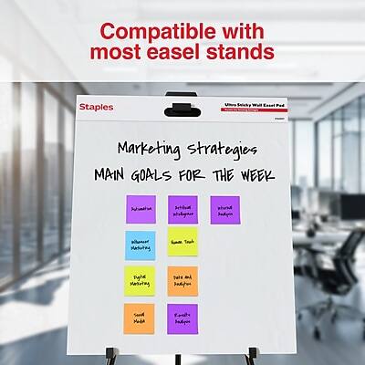 Compatible with most easel stands

Staples

Marketing strategies

MAIN GOALS FOR THE WEEK

- Increase Sales
  - Marketing
  - Social Media
  - Email Marketing

- Increase Brand Awareness
  - Social Media
  - Take and Share Photos

- Increase Customer Engagement
  - Take and Share Photos
  - Customer Feedback

- Increase Sales
  - Email Marketing

- Increase Customer Engagement
  - Customer Feedback
