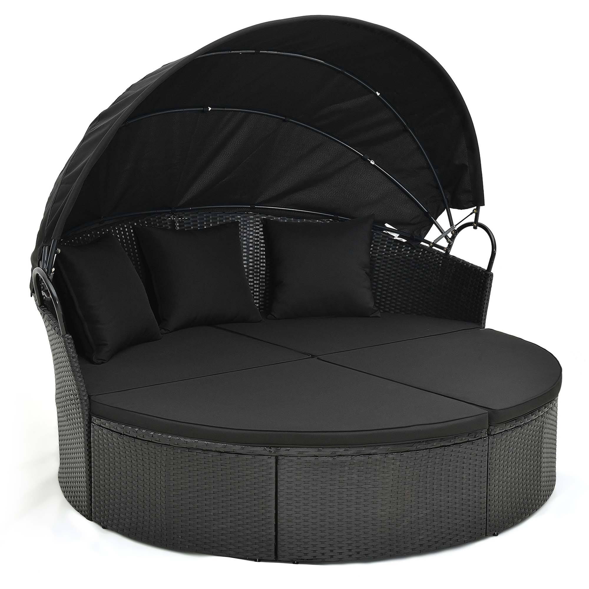 Costway - Patio Round Daybed with Retractable Canopy Rattan Sectional Seating - Black