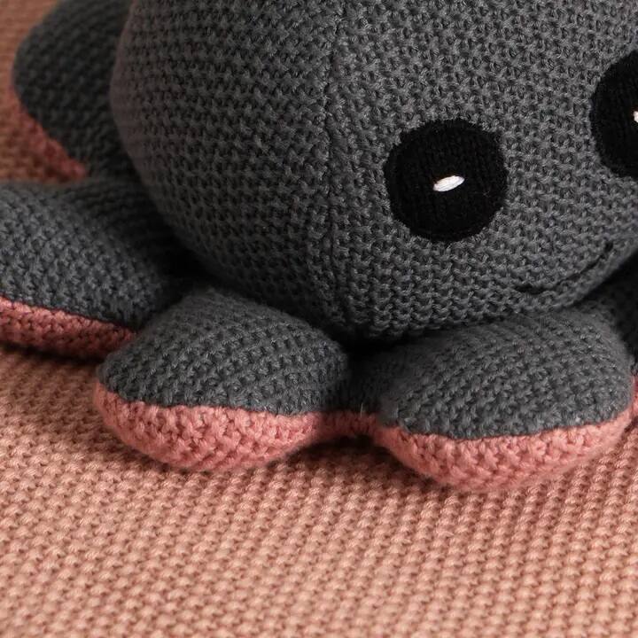 Angle. Siljoy - Knitted Stuffed Octopus Soft Toy, 23x9 cm, 100% Cotton Filling, Polyester, Cuddle Buddy for Kids - Dark Gray.