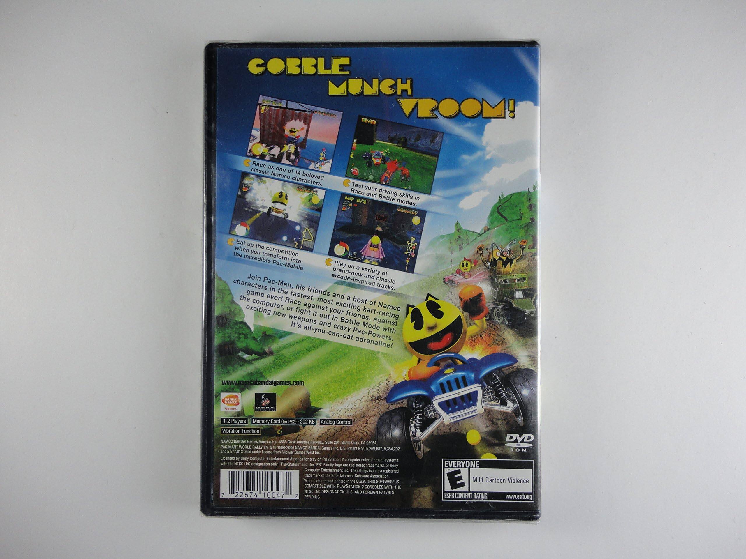 **Cobble Munch Vroom!**

Race as one of 14 classic Namco characters. Test your driving skills in Race and Battle modes. Join the competition and transform into incredible Pac-Mobile. Play on a variety of arcade-inspired and classic tracks. Play the fastest, most exciting kart-racing game ever! Race against your friends or fight against all-you-can-eat crazy Pac-Powers. It's all-you-can-eat adrenaline!

- 1-2 Players
- Memory Card for PS2 - 200 KB
- Analog Control
- Vibration Function

www.namcobandaigames.com

Eat 'em up when the Pac-Man is in the lead!

- Play as Pac-Man, his friends and a host of Namco characters.
- Race in the fastest, most exciting kart-racing game ever!
- Fight against your friends and crazy Pac-Powers in Battle Mode.
- It's all-you-can-eat adrenaline!

DVD-ROM

Memory Card for PS2 - 200 KB
Analog Control

www.namcobandaigames.com

1-2 Players
Vibration Function

Licensed by Sony Computer Entertainment America Inc. for use on PlayStation computer entertainment systems.

ESRB: Everyone
Mild Cartoon