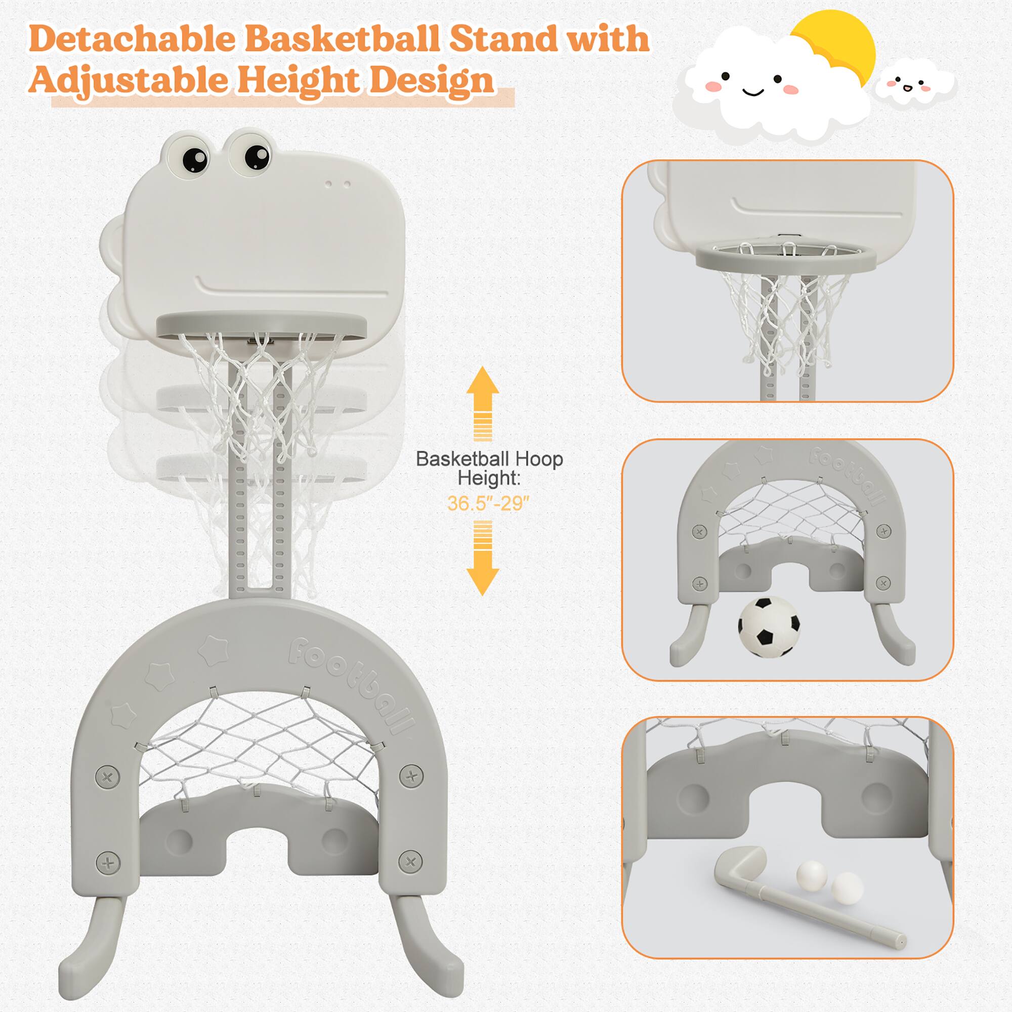 Detachable Basketball Stand with Adjustable Height Design, Basketball Hoop Height: 36.5"-29"