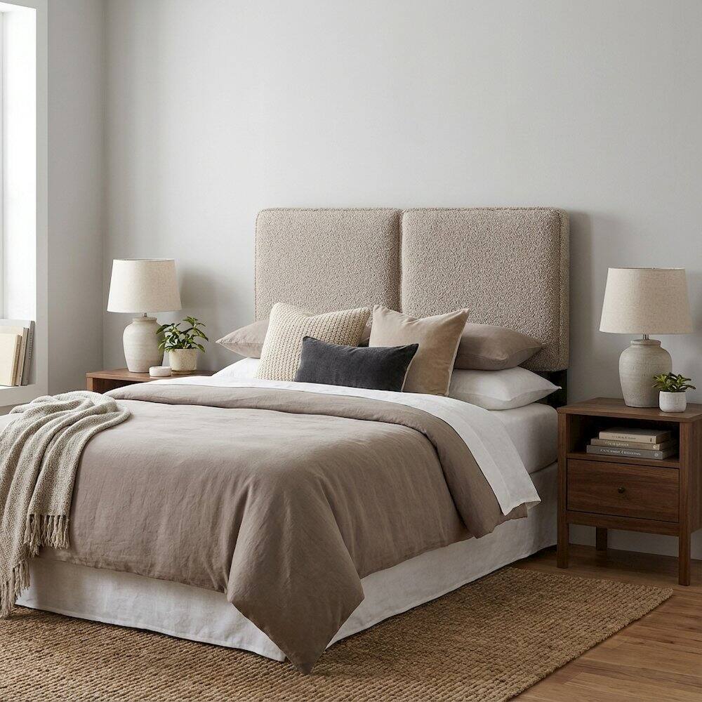 Left. FurniFact - Boucle Fabric Twin Headboard Soft Upholstery with Durable Frame Panel Design - Beige.