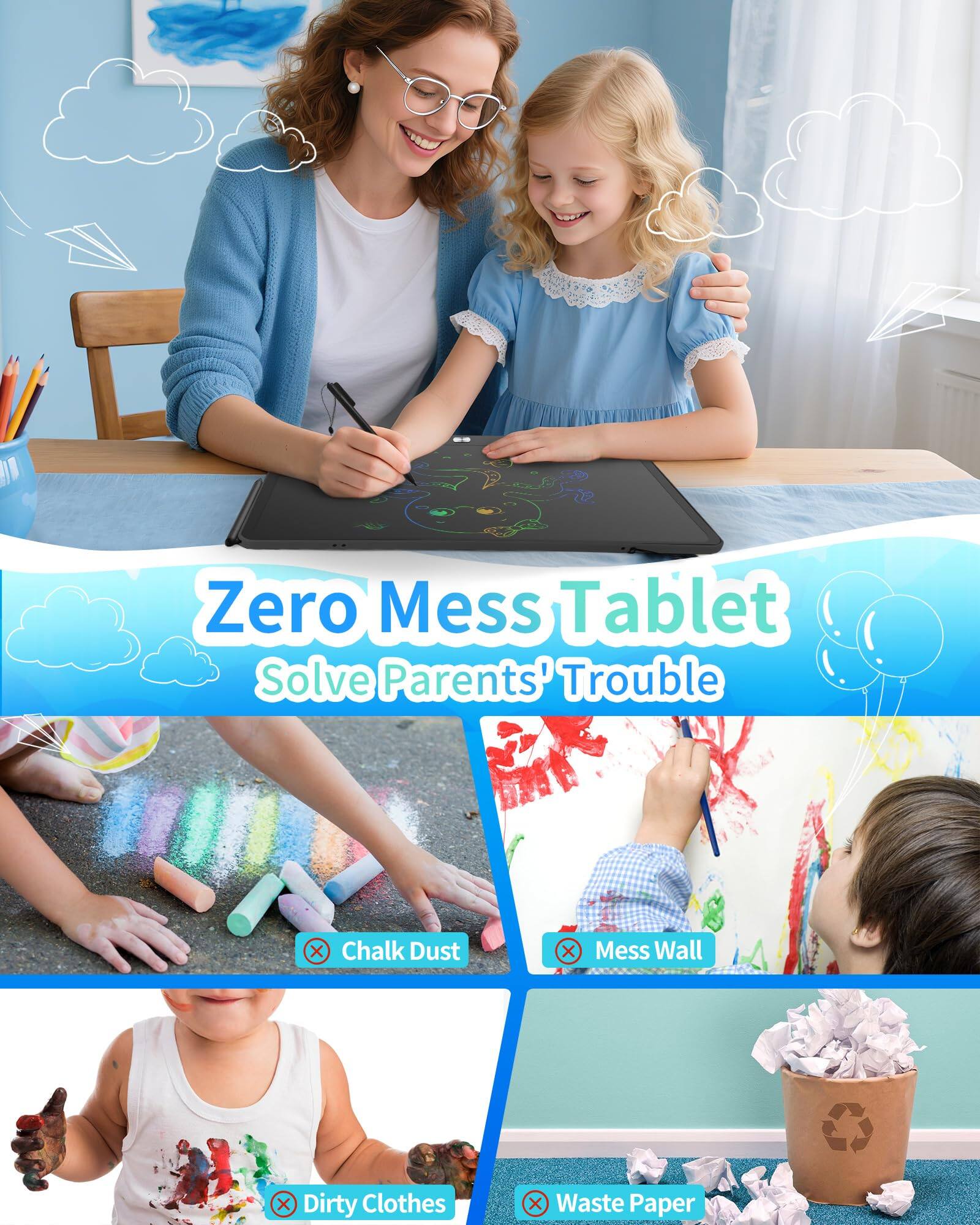 Zero Mess Tablet  
Solve Parents' Trouble  

- Chalk Dust  
- Mess Wall  
- Dirty Clothes  
- Waste Paper
