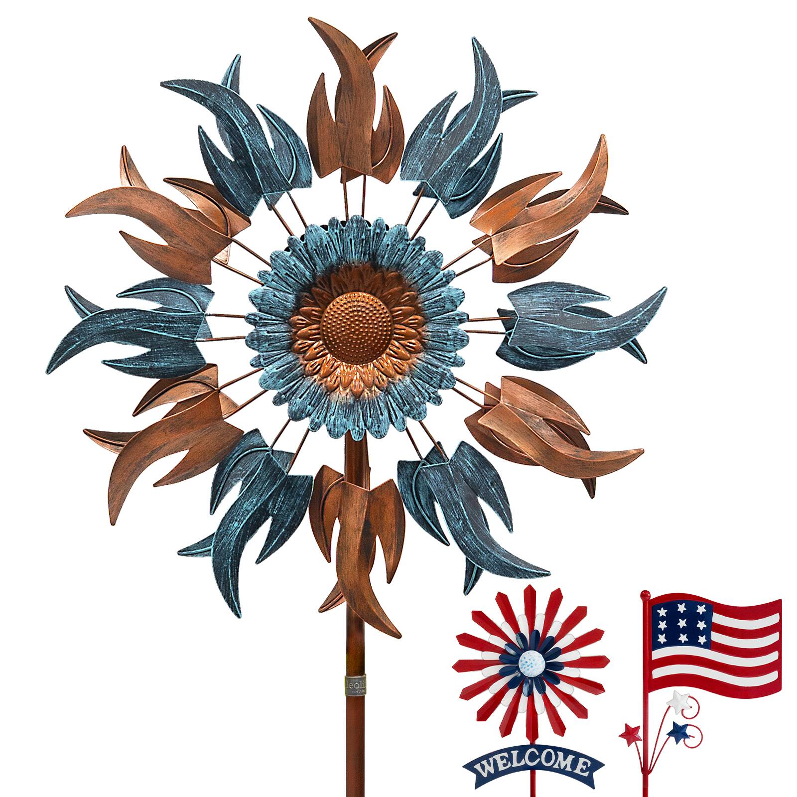 Front. A Anleolife - 84 in. H Large Metal Kinetic Wind Spinner Classic Yard Art with 2 Piece Welcome Flag Decoration for Garden - Multi-Colored.