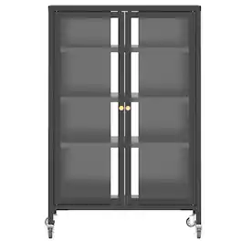 ALEXOUN - 35.8" Simple Media Storage Cabinet with Wheels, 4 Adjustable Shelves & Tempered Glass Door,for Living Room,Gamers & Home - Black