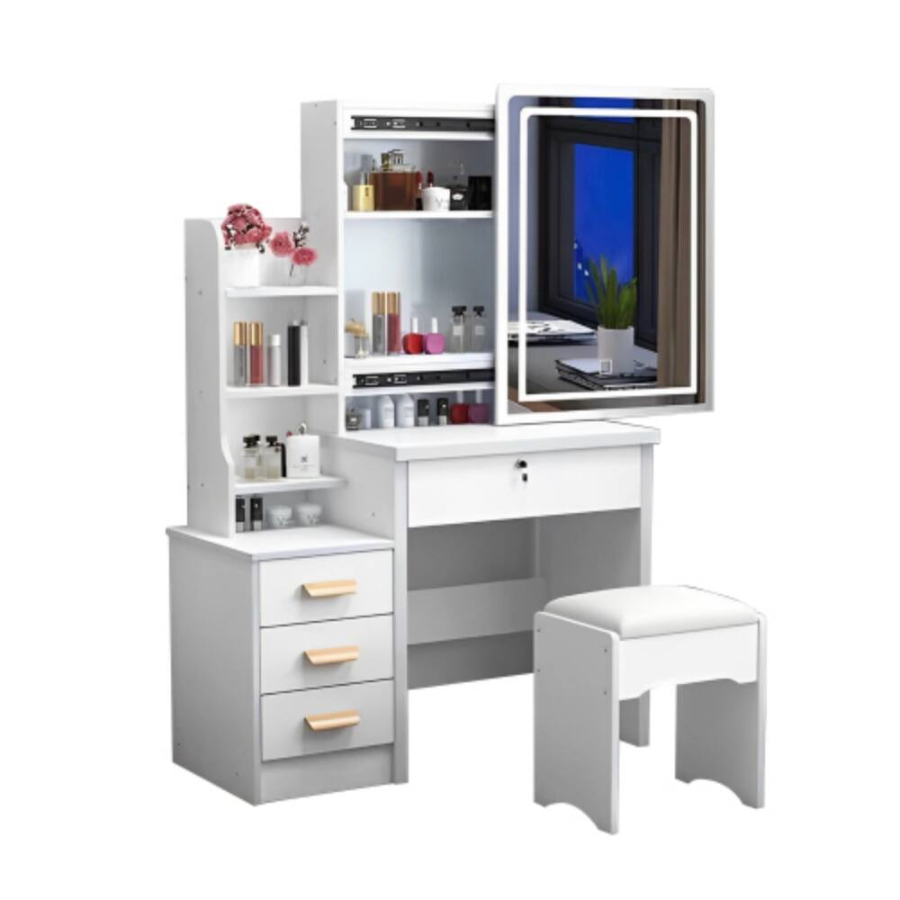 Alt View 2. LUCKY ONE - Vanity Desk with 3-Color Adjustable Lighted Mirror, Chair and 4 Drawers for Bedroom - White.