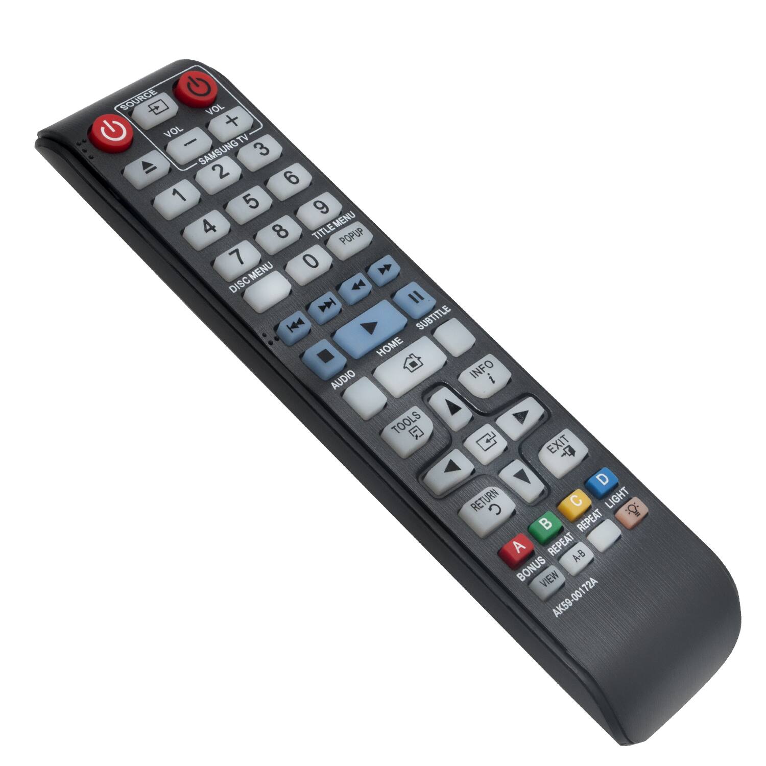 SOURCE G VOL + VOL TV - SAMSUNG 3 2 6 1 5 9 4 8 TITLEMENU POPUP 7 0 MENU DISC 44 A Il 1 SUBTITLE HOME AUDIO INFO i TOOLS C EXIT + D RETURN C C LIGHT REPEAT A REPEAT A-B BONUS VIEW 72A 00 AKS9