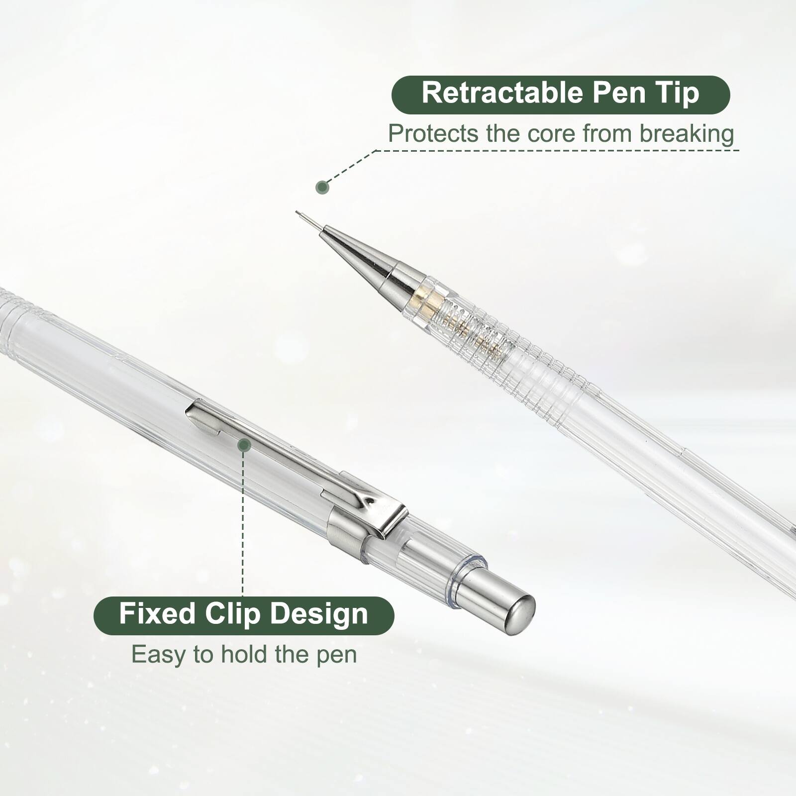 Retractable Pen Tip  
Protects the core from breaking  

Fixed Clip Design  
Easy to hold the pen