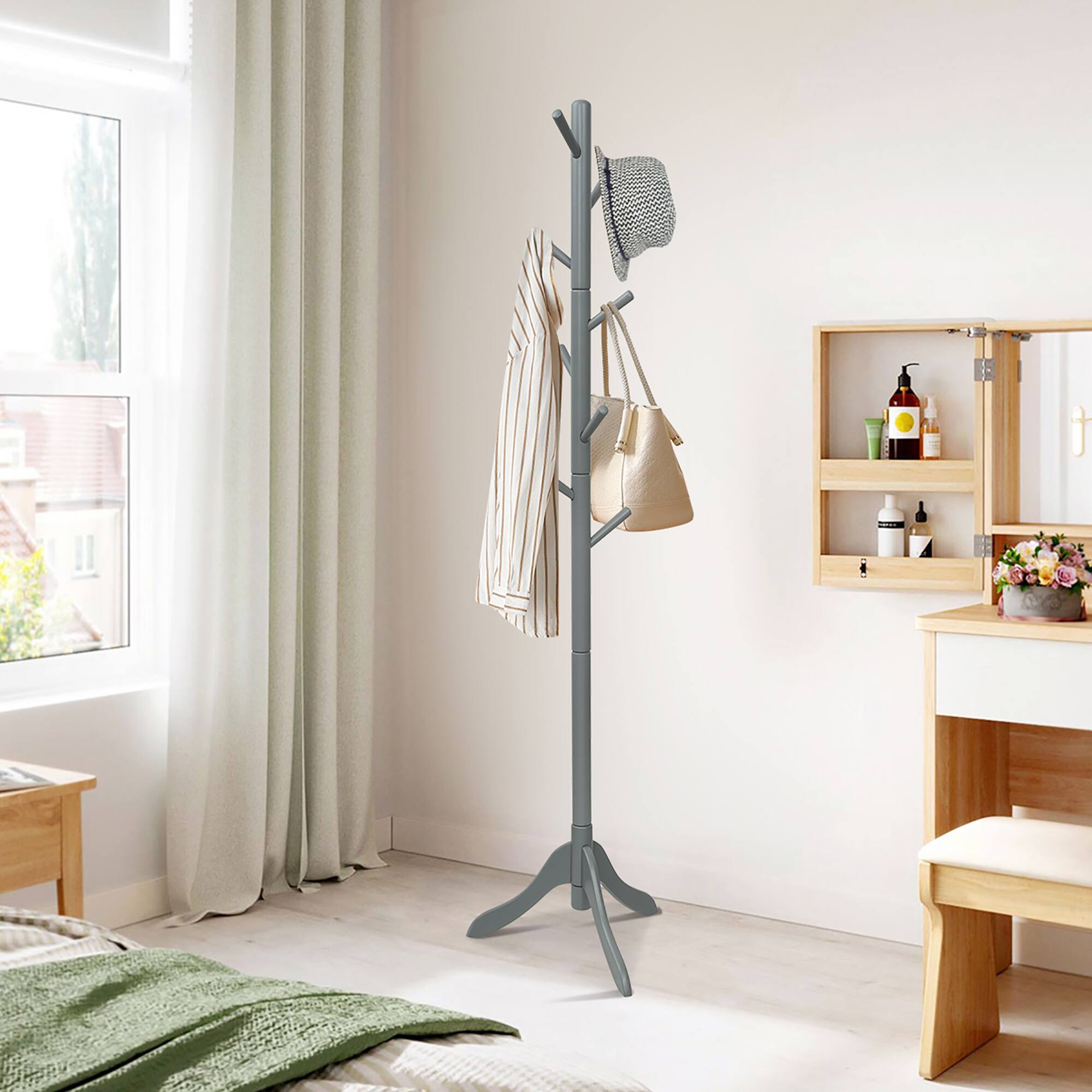 Alt View 1. Costway - Costway Wooden Coat Rack Stand Entryway Hall Tree 2 Adjustable Height w/ 8 Hooks - Gray.