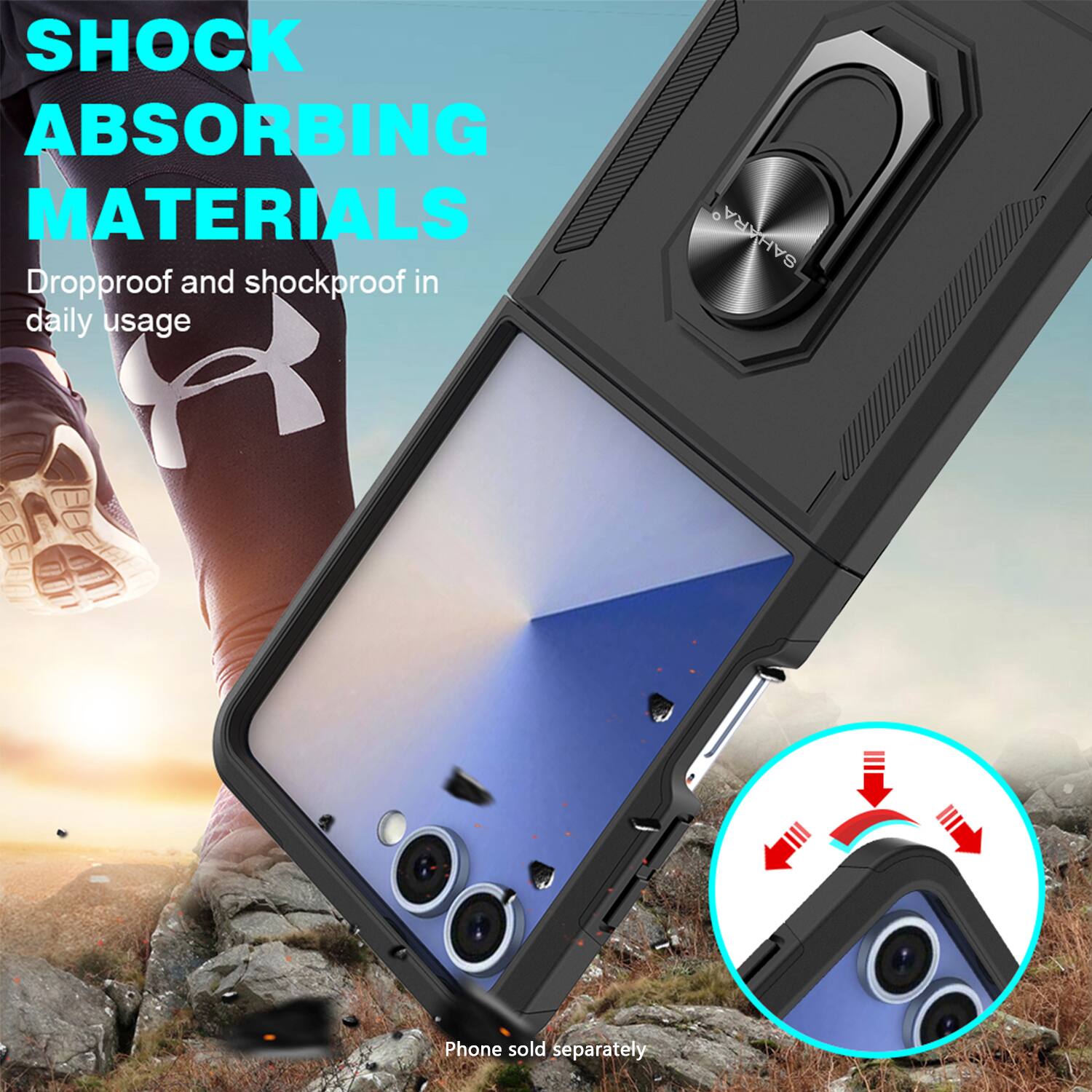 SHOCK ABSORBING MATERIALS: Dropproof and shockproof in daily use. Phone sold separately.