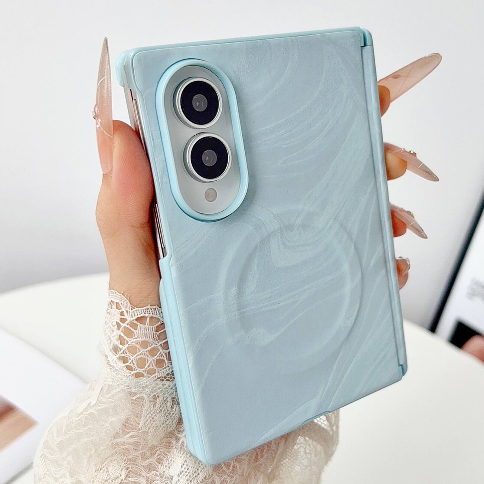 Angle. Dteck - Hinge Case for Samsung Galaxy Z Fold8,PU Leather Slim Back Cover,No Front Frame Heat Dissipation Magnetic Case - Blue.