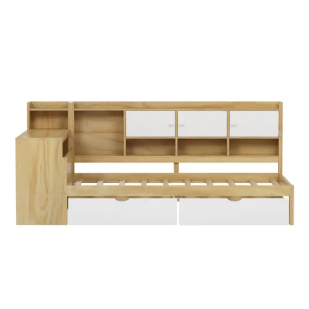 Alt View 4. LUCKY ONE - Twin Size Wooden L-Shape Daybed with 7 Storage Cabinets, 2 Drawers, Study Desk, Bookshelf, No Box Spring Needed - Natural+White.