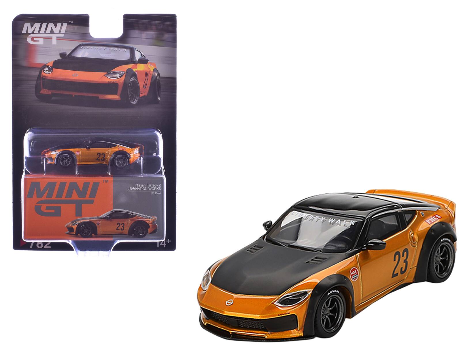 Mini GT - Nissan Fairlady Z #23 "LB-NATION WORKS" LB Hood and Black Top Limited Edition 1/64 - Gold Metallic with Matt Black