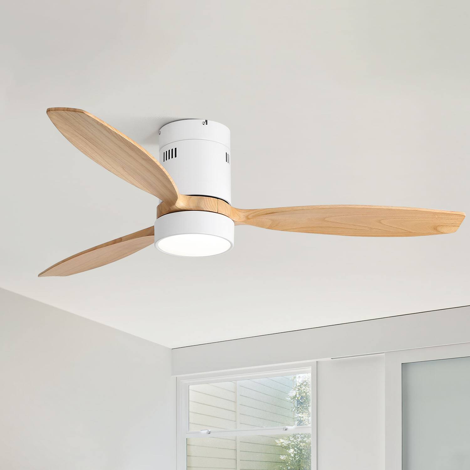 Front. Sofucor - Sofucor 52'' Flush Mount Ceiling Fan without Lights Remote Control Wood Blades Reversible DC Motor Indoor Outdoor - White Wood.