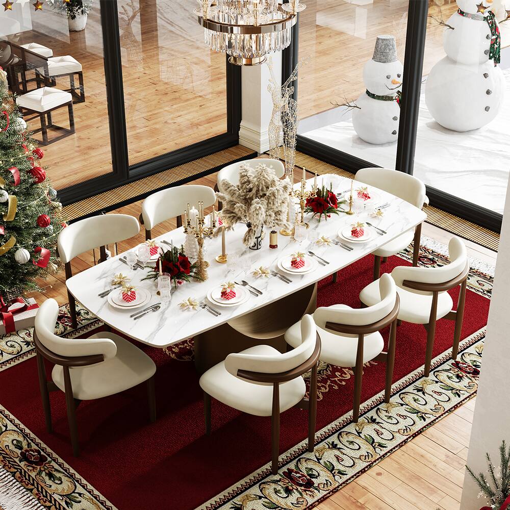 Alt View 9. POVISON - 71" Modern Minimalist Dining Table for 4-6, White Rectangular Glossy Sintered Stone Tabletop, Bronze Carbon Steel Leg - Glossy White Sintered Stone with Bronze.