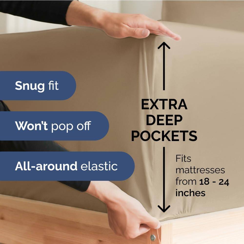 CGK Linens - 100% Cotton 400 TC Fitted Sheet Only - Extra Deep Pocket for 18"-24" Mattresses - Full - Cream - Thumbnail 4