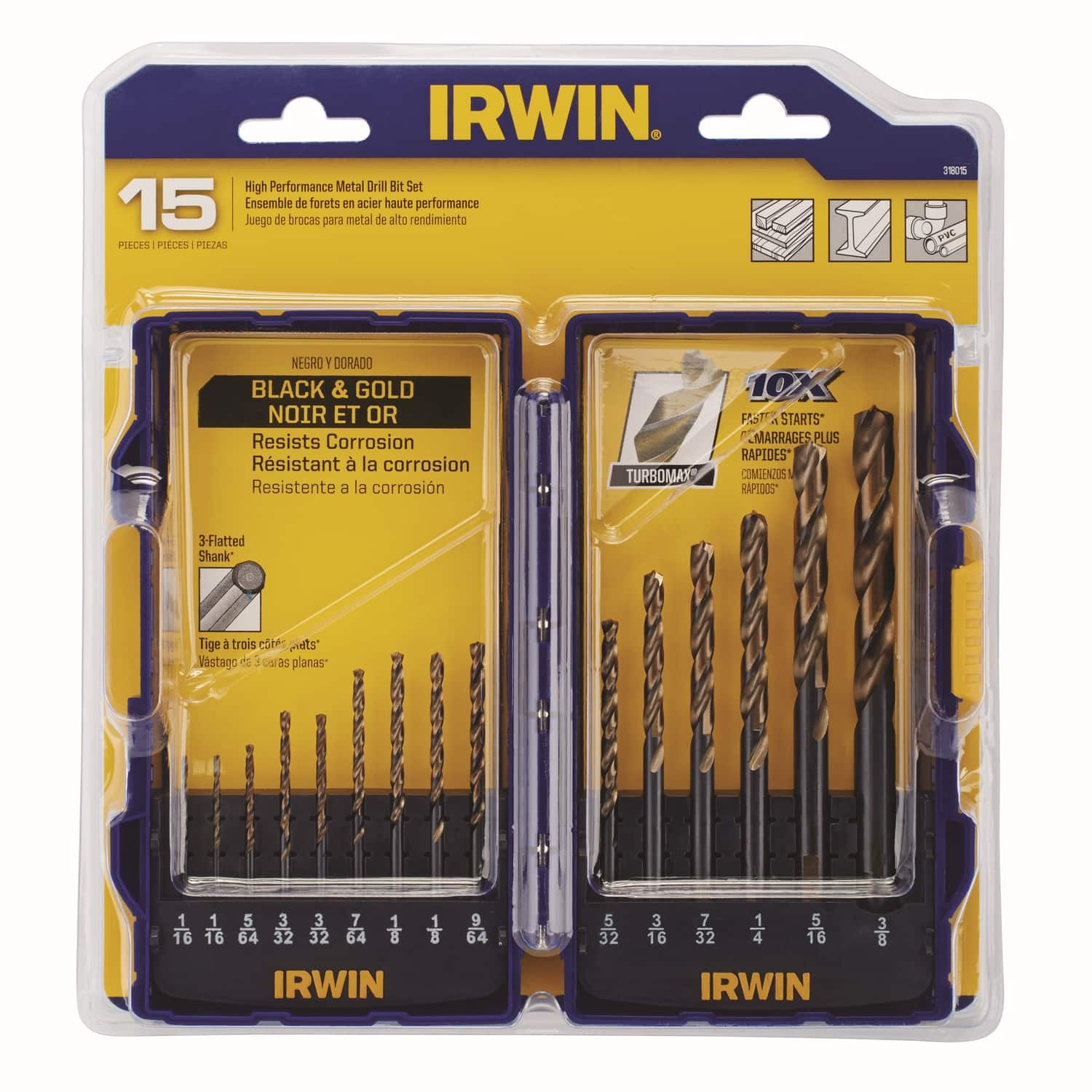 Irwin - Turbomax High Speed Steel Drill Bit Set Straight Shank 15 pc