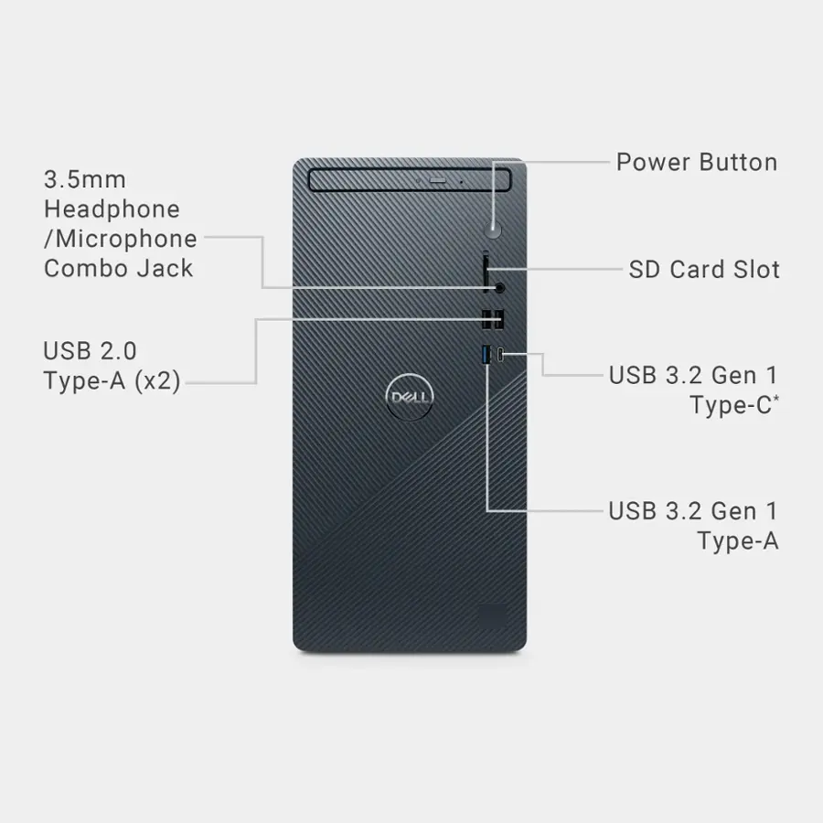 3.5mm Headphone/Microphone Combo Jack, Power Button, SD Card Slot, USB 2.0 Type-A (x2), DELL, and 1G USB 3.2 Gen 1 Type-C.