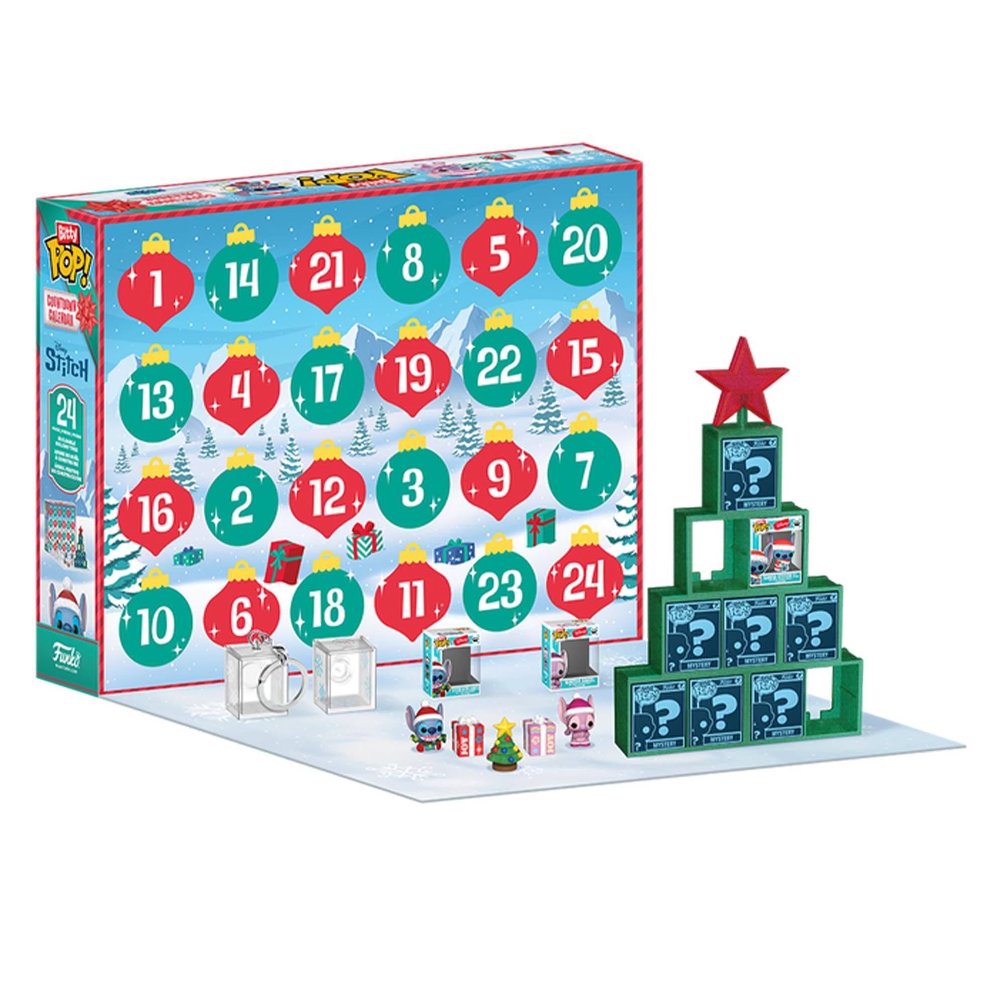 Sure, here is the corrected and grouped text from the image:

**Top Left:**
- "POP! Surprise"
- "Stitch 24"

**Top Center:**
- "1"
- "14"
- "21"
- "8"
- "5"
- "20"

**Middle Left:**
- "13"
- "4"
- "17"
- "19"
- "22"
- "15"

**Middle Center:**
- "16"
- "2"
- "12"
- "3"
- "9"
- "7"

**Middle Right:**
- "10"
- "6"
- "18"
- "11"
- "23"
- "24"

**Bottom Right (on the tree):**
- "?" (repeated for each box)

**Bottom Center:**
- "110" (on the box with the star)

**Bottom Left:**
- "Funko" (on the box)