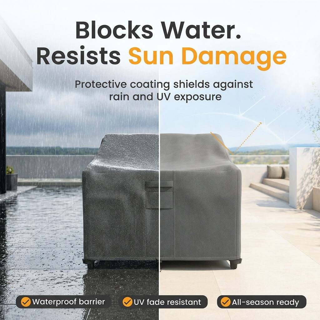 Blocks Water.  
Resists Sun Damage  

Protective coating shields against rain and UV exposure  

Waterproof barrier  
UV fade resistant  
All-season ready