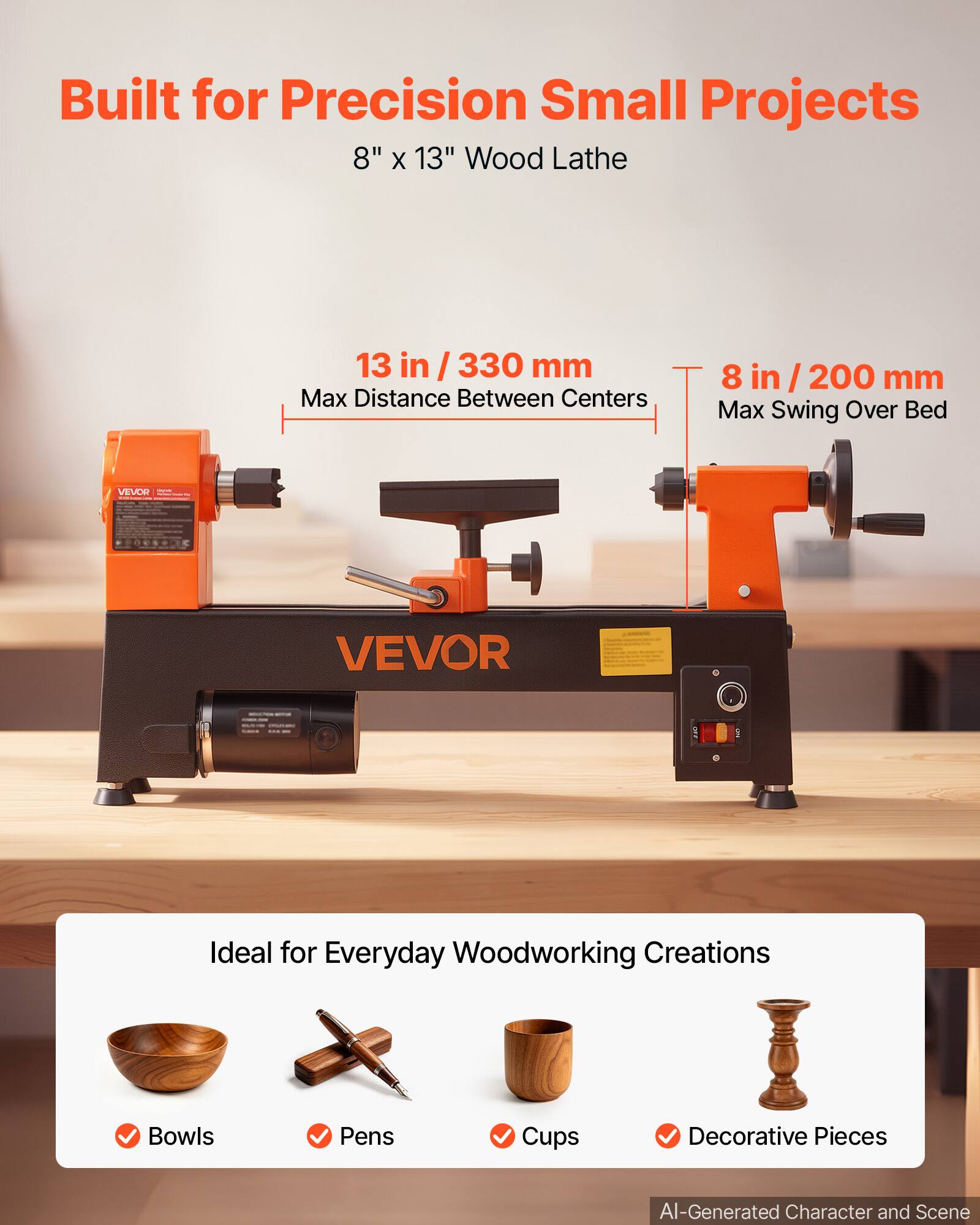 Built for Precision Small Projects  
8" x 13" Wood Lathe  

13 in / 330 mm Max Distance Between Centers  
8 in / 200 mm Max Swing Over Bed  

VEVOR  

Ideal for Everyday Woodworking Creations  
Bowls  
Pens  
Cups  
Decorative Pieces  

AI-Generated Character and Scene