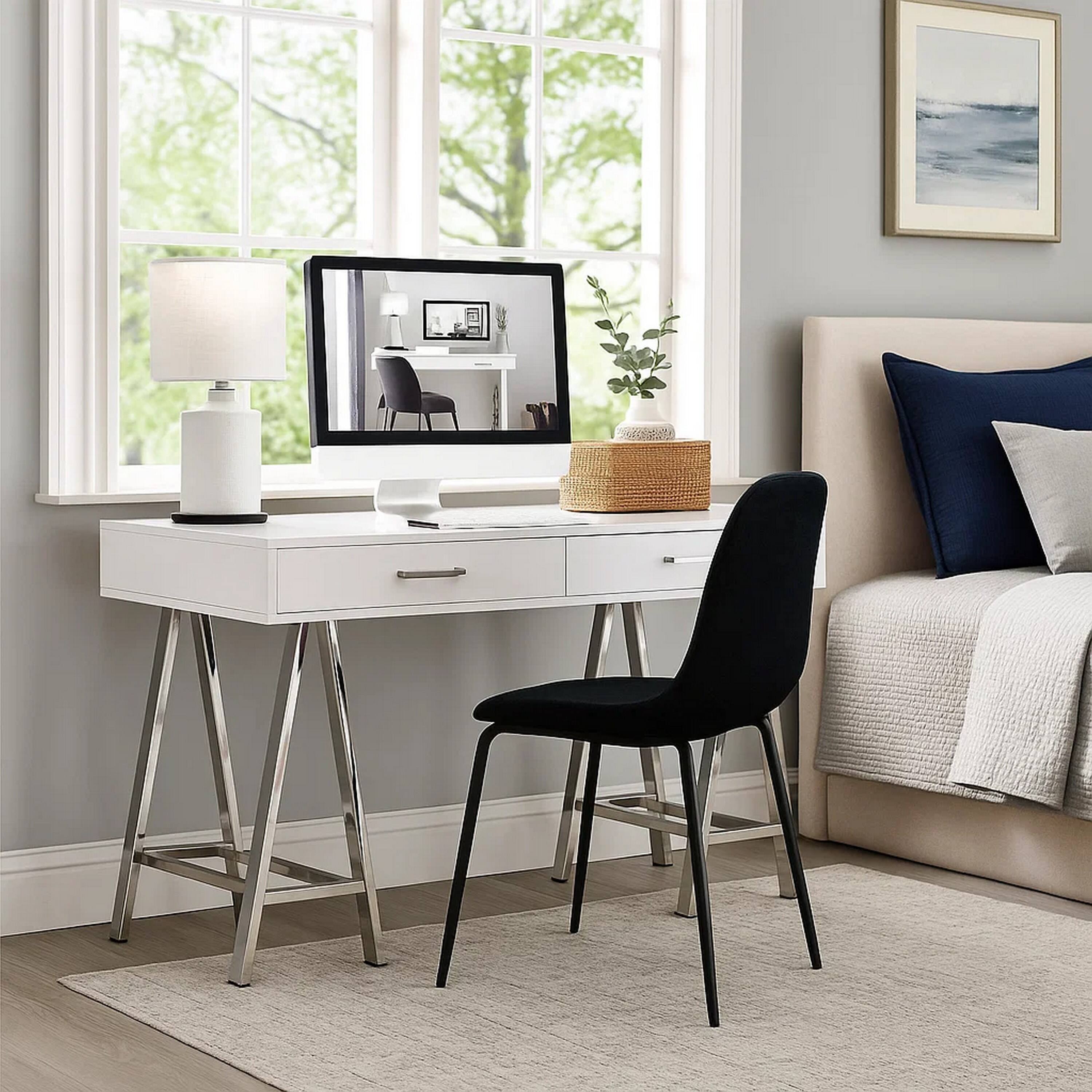 Alt View 2. Manhattan Lane - Writing Desk with MDF 2 Drawers and Metal Legs, White and Chrome - White and Chrome.