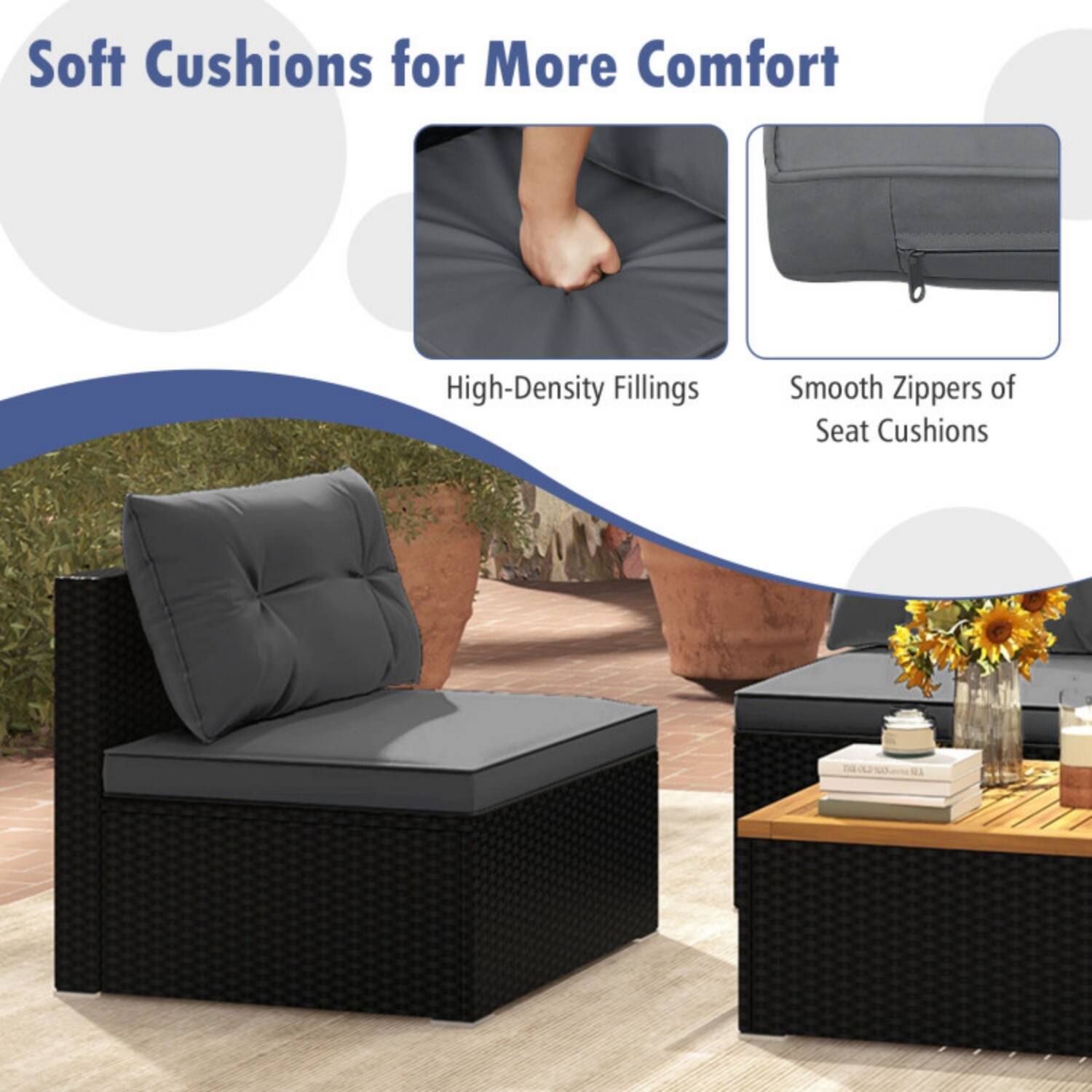 Soft Cushions for More Comfort

- High-Density Fillings
- Smooth Zippers of Seat Cushions