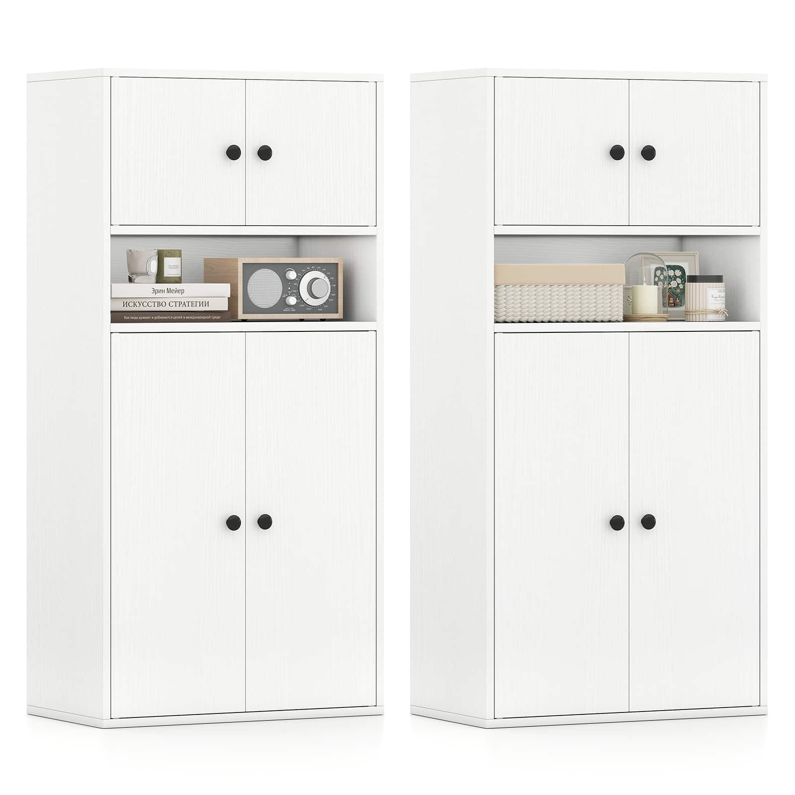 Gymax - 2PCS 44'' Tall Bookshelf w/Doors & Adjustable Shelf for Study Living Room - White