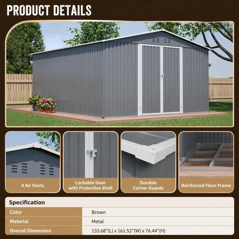 PRODUCT DETAILS

- 4 Air Vents
- Lockable Door with Protective Shell
- Durable Corner Guards
- Reinforced Floor Frame

Specification
- Color: Brown
- Material: Metal
- Overall Dimension: 133.68"(L) x 161.52"(W) x 76.44"(H)