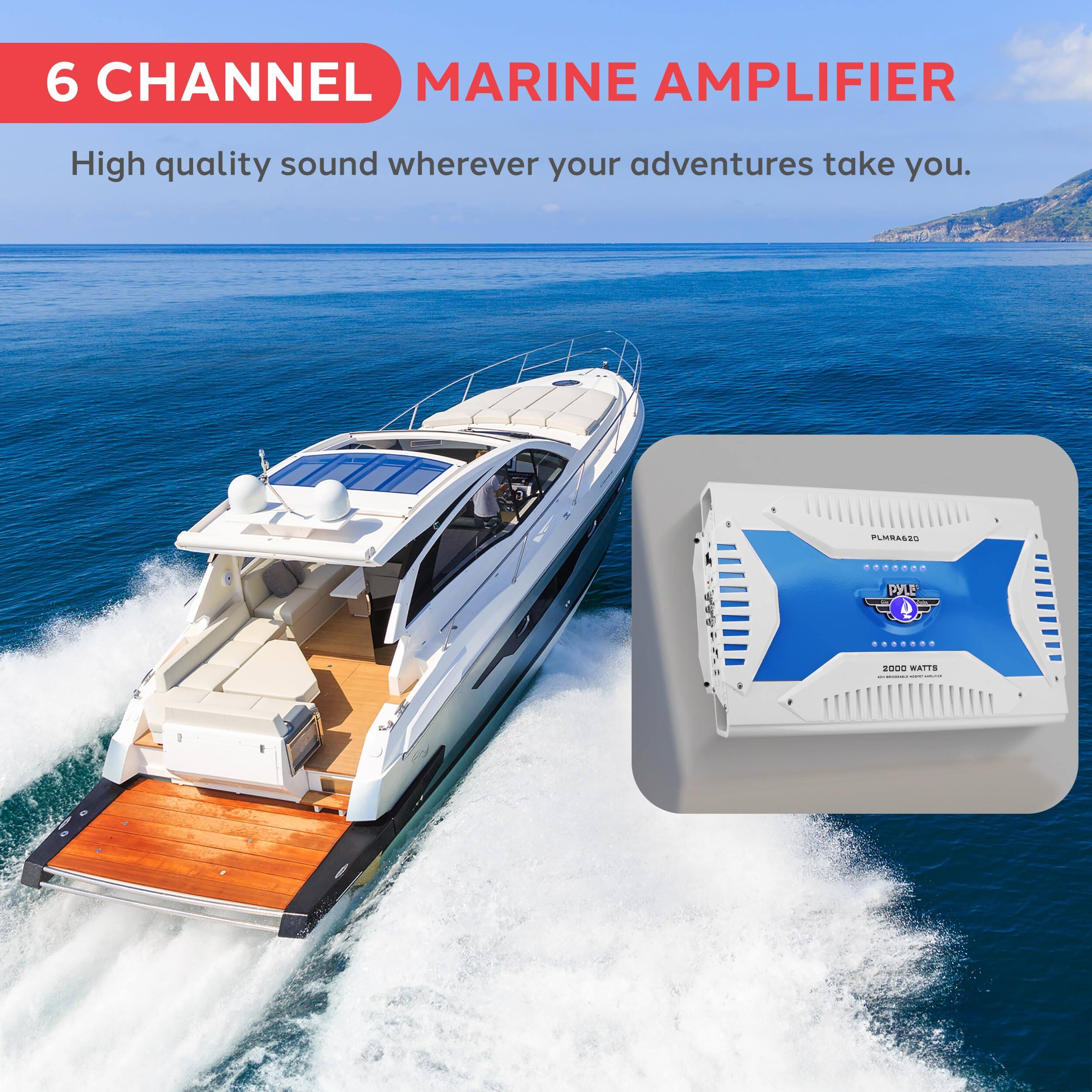 6 CHANNEL MARINE AMPLIFIER  
High quality sound wherever your adventures take you.  

PYLE  
PSLE 2  
2000 WATTS