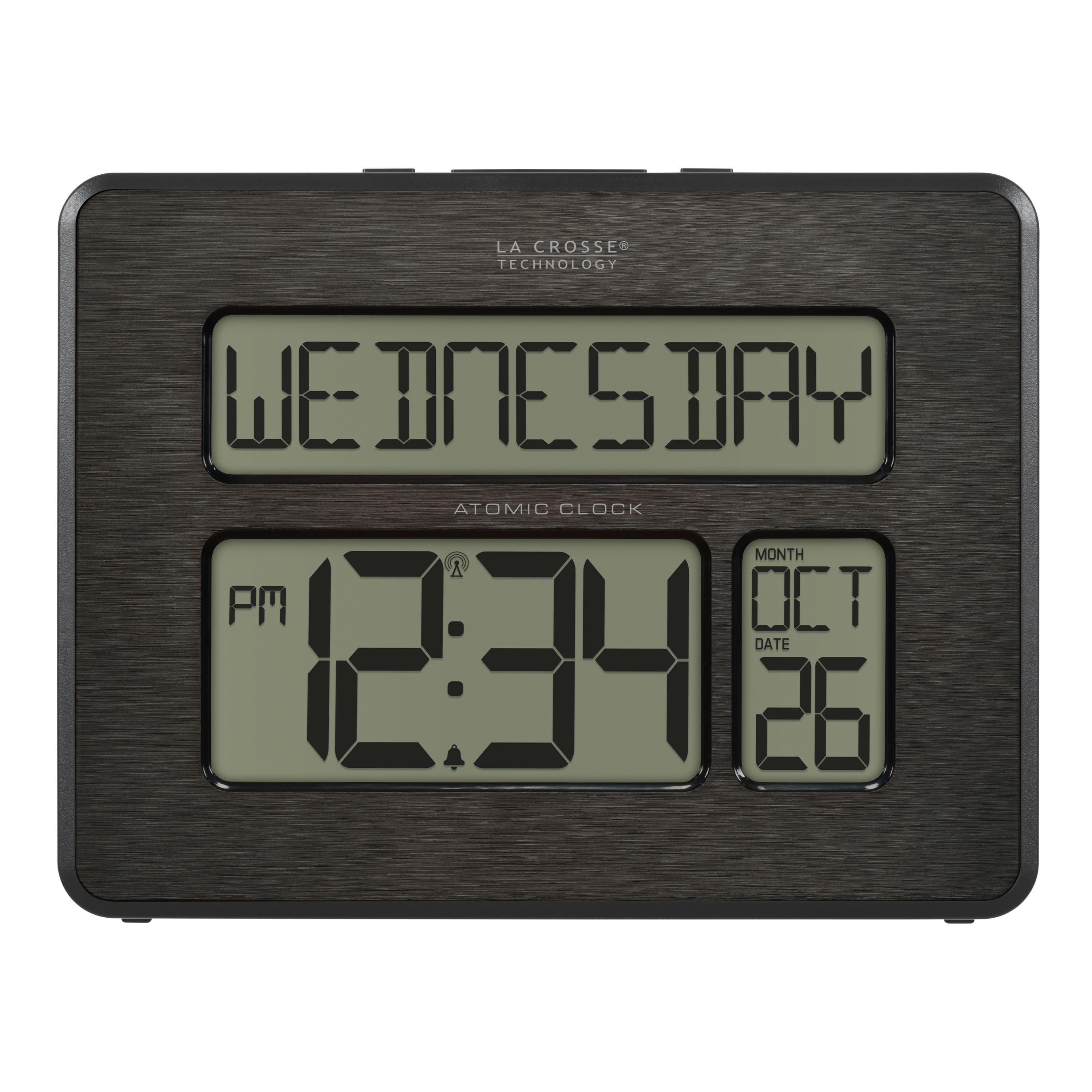 LA CROSSE TECHNOLOGY  
ATOM CLOCK  

WEDNESDAY  
12:34 PM  

MONTH OCT  
DATE 26