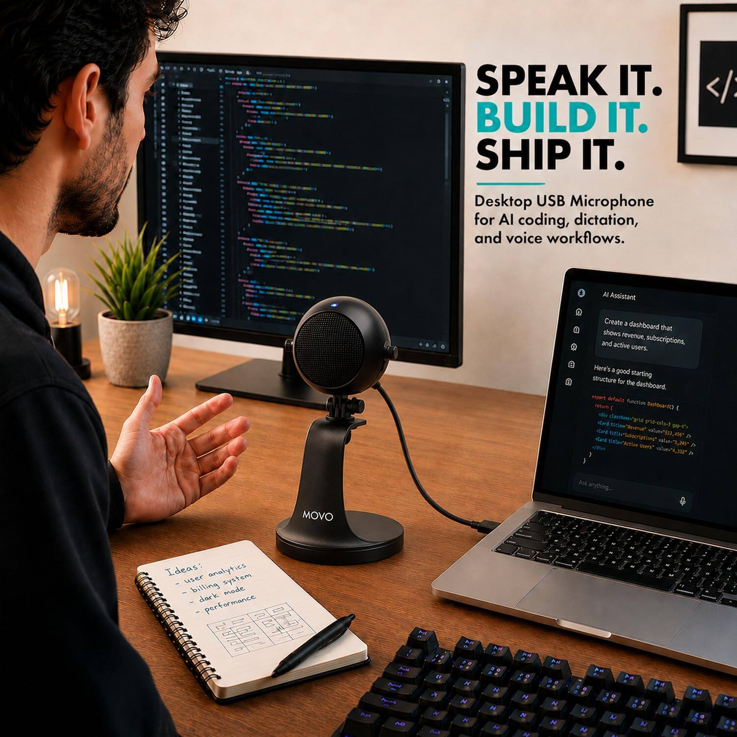 SPEAK IT. BUILD IT. SHIP IT.  
Desktop USB Microphone for AI coding, dictation, and voice workflows.

AI Assistant  
Create a dashboard that shows revenue, and active subscriptions, users.  
Here's a good structure starting for the dashboard.  
export function dashboard() {  
  return {  
    card: {  
      title: "Revenue",  
      value: "$2,345",  
      subtitle: "Last 30 days"  
    },  
    card: {  
      title: "Active Users",  
      value: "1,234",  
      subtitle: "Last 30 days"  
    }  
  }  
}  
Ask anything...

Ideas:  
- user analytics  
- billing system  
- dark mode  
- performance