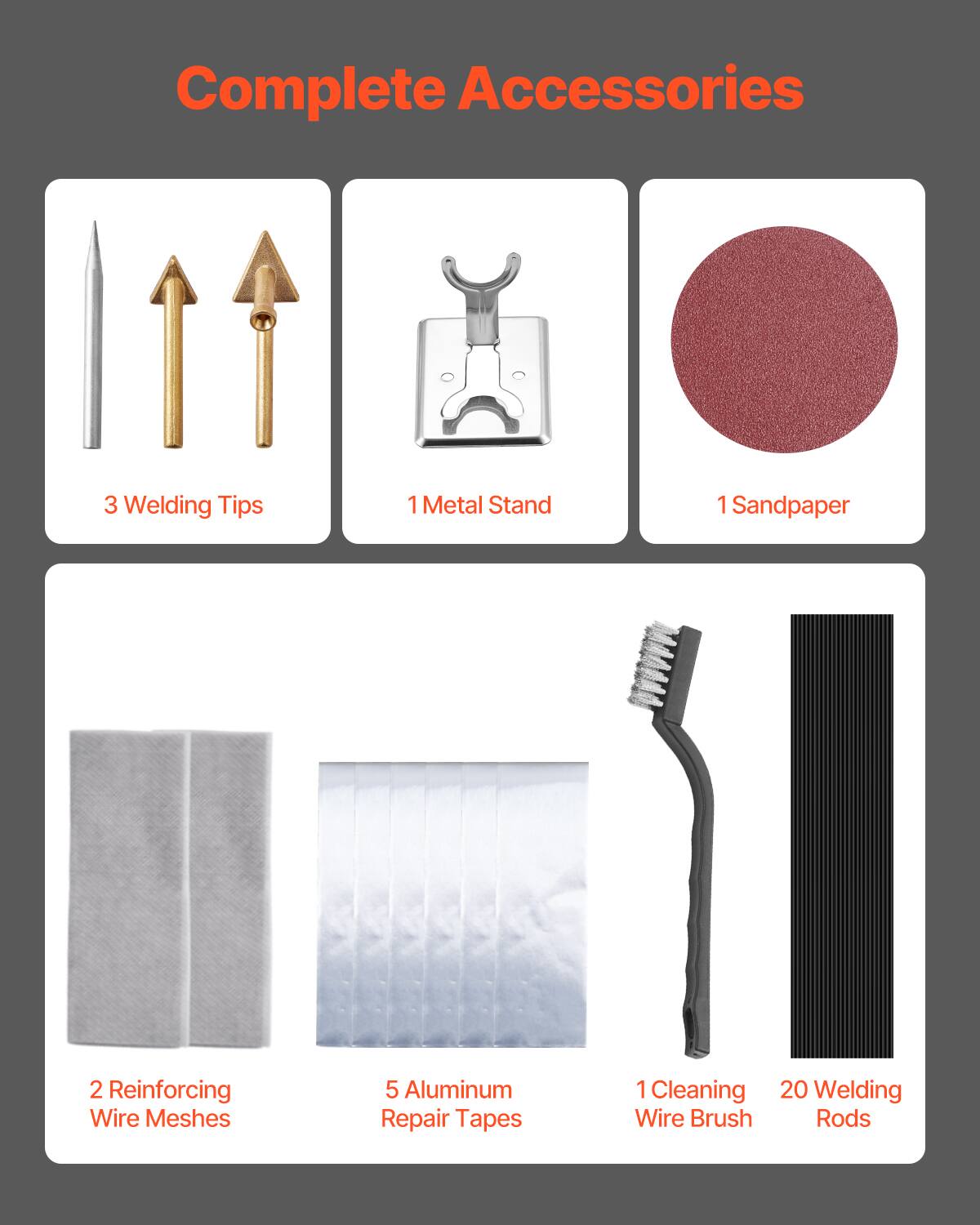 Complete Accessories  
3 Welding Tips  
1 Metal Stand  
1 Sandpaper  
2 Reinforcing Wire Meshes  
5 Aluminum Repair Tapes  
1 Cleaning Wire Brush  
20 Welding Rods