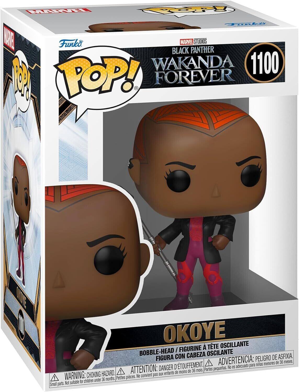 Sure, here is the corrected and grouped text from the image:

---

**MARVEL STUDIOS**  
**BLACK PANTHER**  
**WAKANDA FOREVER**

**Funko POP!**  
**1100**

**OKOYE**  
**BOBBLE-HEAD / FIGURINE À TÊTE OSCILLANTE / FIGURA CON CABEZA OSCILANTE**

**WARNING: CHOKING HAZARD.**  
**ATTENTION: DANGER D'ÉTOUFFEMENT.**  
**ADVERTENCIA: PELIGRO DE ASFIXIA.**  
**Small parts. Not suitable for children under 36 months.**  
**Petites pièces. Ne convient pas aux enfants de moins de 36 mois.**  
**Partes pequeñas. No es adecuado para niños menores de 36 meses.**

---

This text is organized to reflect the information on the packaging, including the character name, series, and safety warnings.