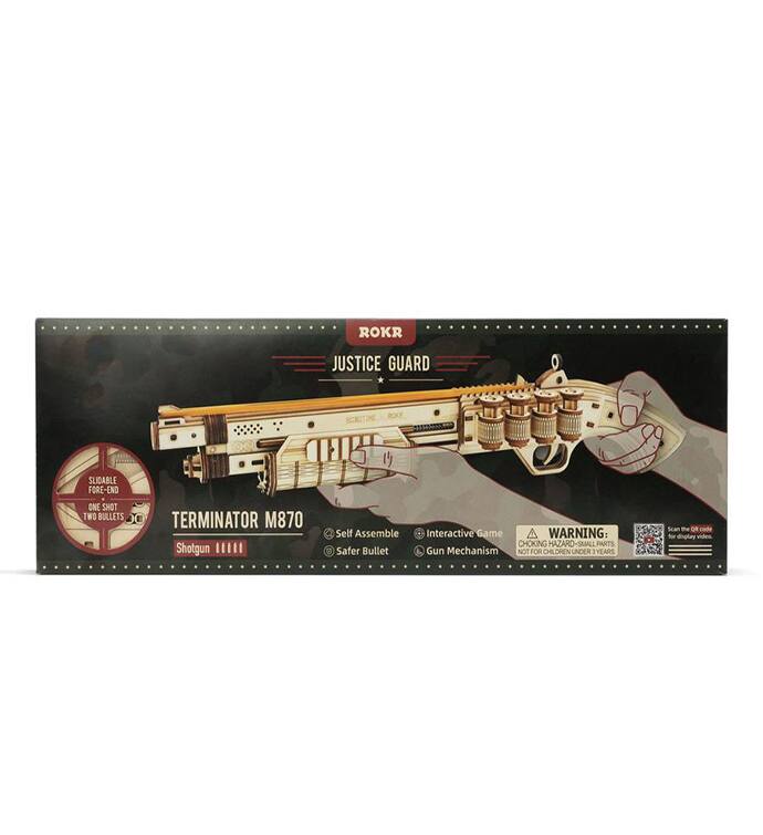 ROKR  
JUSTICE GUARD  

TERMINATOR M870  
Shotgun  

SLIDABLE FORE-END  
ONE SHOT TWO BULLETS  

Self Assemble  
Interactive Game  
Safer Bullet  
Gun Mechanism  

WARNING: CHOKING HAZARD - SMALL PARTS  
NOT FOR CHILDREN UNDER 3 YEARS  

Scan the QR code for display videos