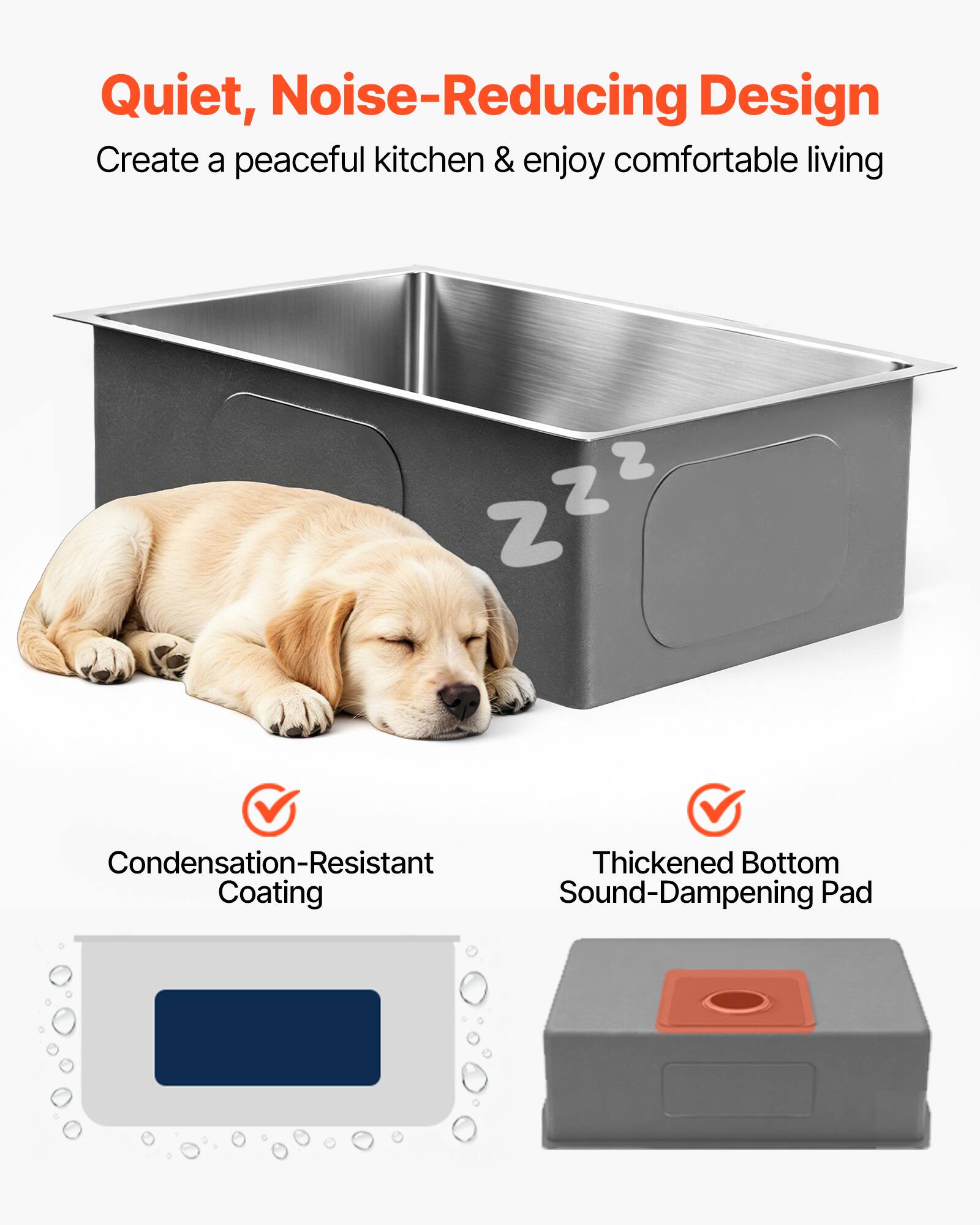 Quiet, Noise-Reducing Design  
Create a peaceful kitchen & enjoy comfortable living  

- Condensation-Resistant Coating  
- Thickened Bottom Sound-Dampening Pad