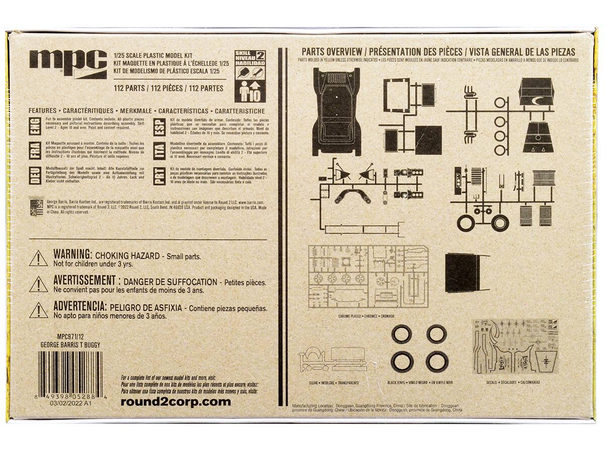 Sure, here is the corrected and grouped text from the image:

---

**SKILL 1/25 SCALE PLASTIC MODEL 2 NIVELA U MPC MAQUETTE PLASTIQUE L'CHELLEDE 1/25 HABILIDAD MODELISMO PLSTICO ESCALA 1/25 112 PARTS 112 PIECES 112 PARTES**

**PARTS OVERVIEW / PRÉSENTATION DES PIÈCES / VISTA GENERAL DE LAS PIEZAS**

**1/25 SCALE PLASTIC MODEL KIT**

**KIT MAQUETTE EN PLASTIQUE À L'ÉCHELLE 1/25**

**KIT DE MODELISMO DE PLÁSTICO ESCALA 1/25**

**112 PARTS / 112 PIECES / 112 PARTES**

**FEATURES - CARACTERÍSTIQUES - MERKMALE - CARACTERISTICAS - CARATTERISTICHE**

**ENG:** For to assemble model kit. Contents include: All plastic pieces and pictorial instructions describing assembly. Level 2 - Ages 7 and up. Paint and cement required.

**ESP:**