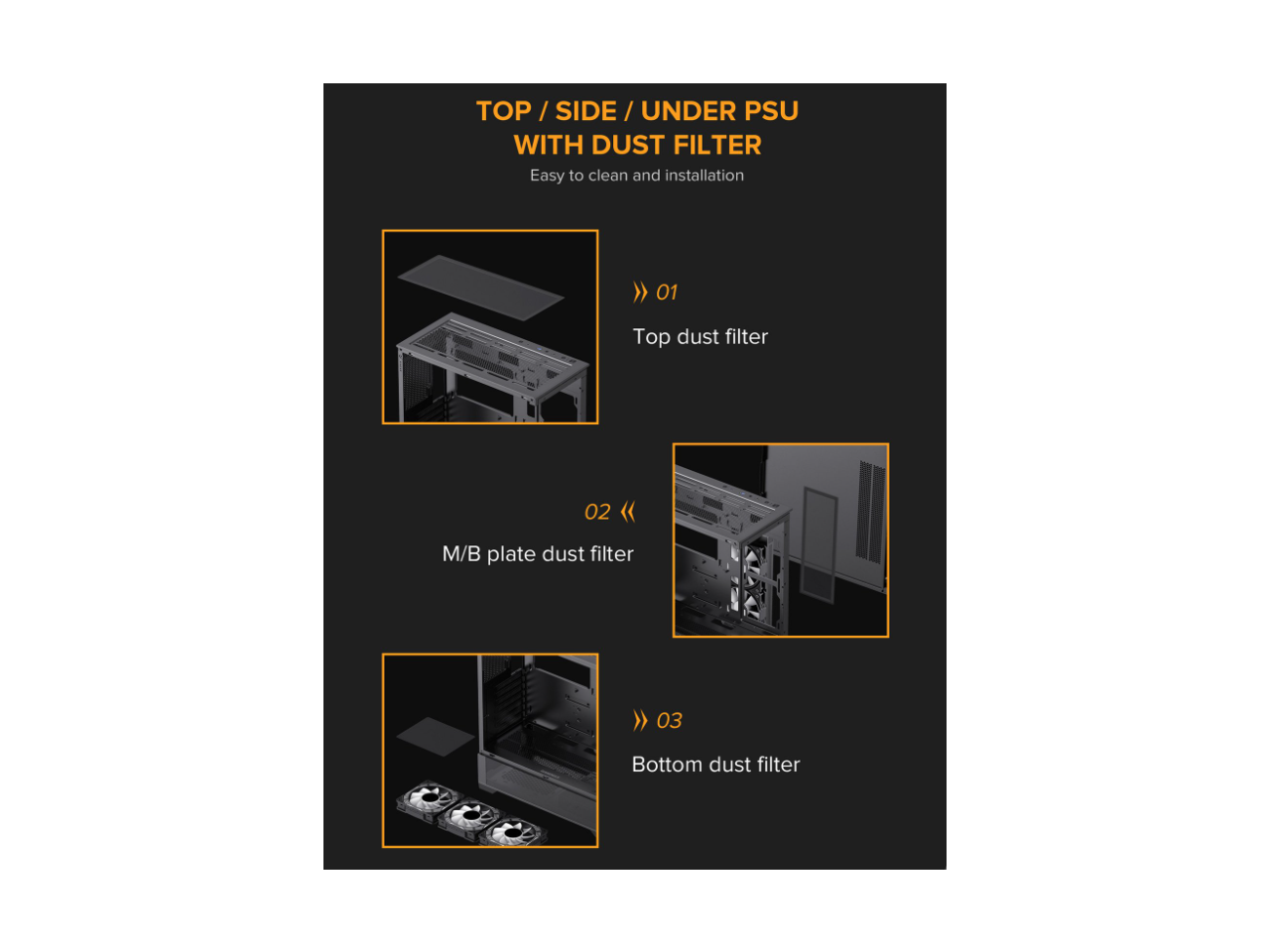 TOP / SIDE / UNDER PSU WITH DUST FILTER  
Easy to clean and installation  

01 Top dust filter  
02 M/B plate dust filter  
03 Bottom dust filter