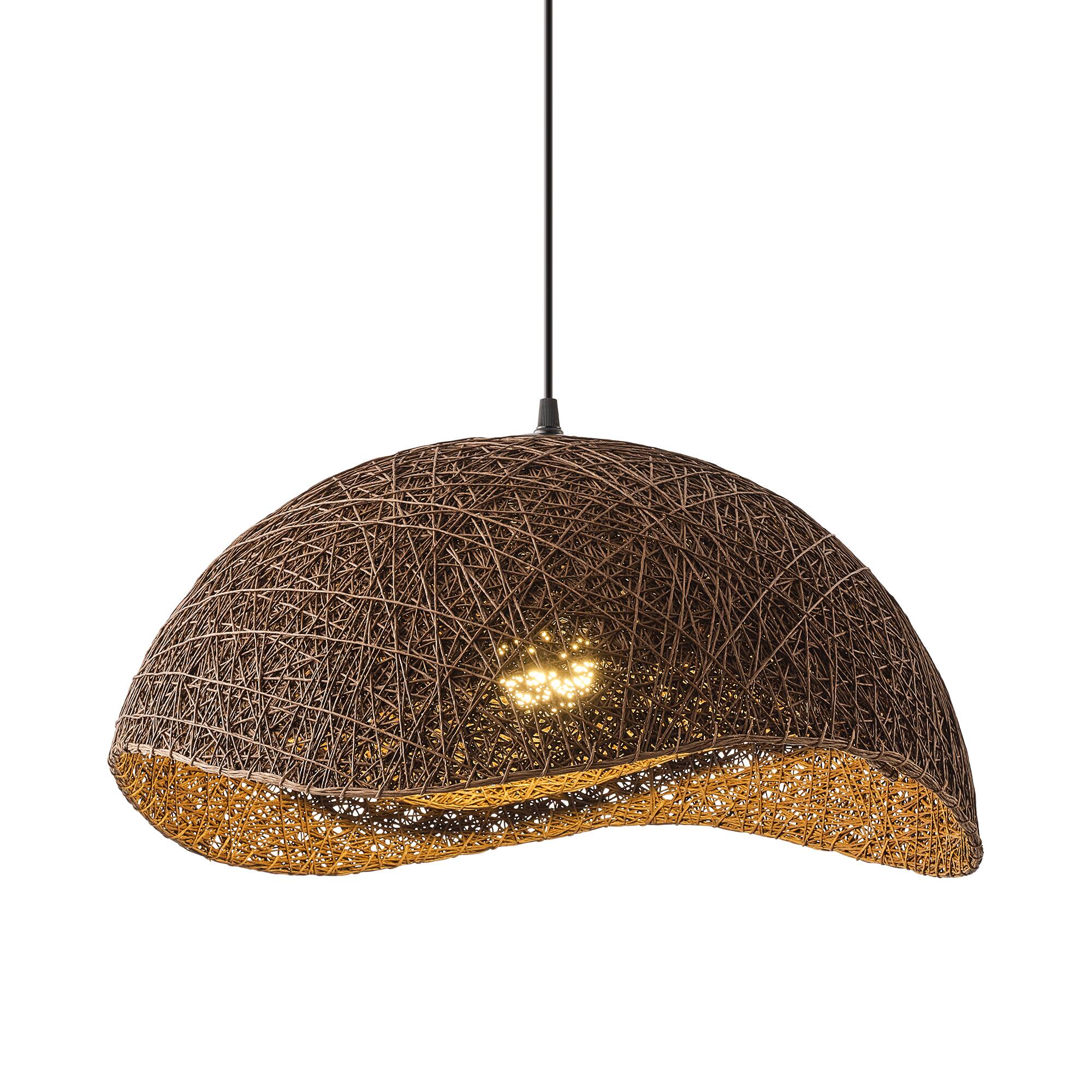 Angle. Vaczon - Bird’s Nest Rattan Pendant Light Wavy Edge Woven Design, Adjustable Cord, Contemporary Pendant Lighting for Any Room - Dark Brown.