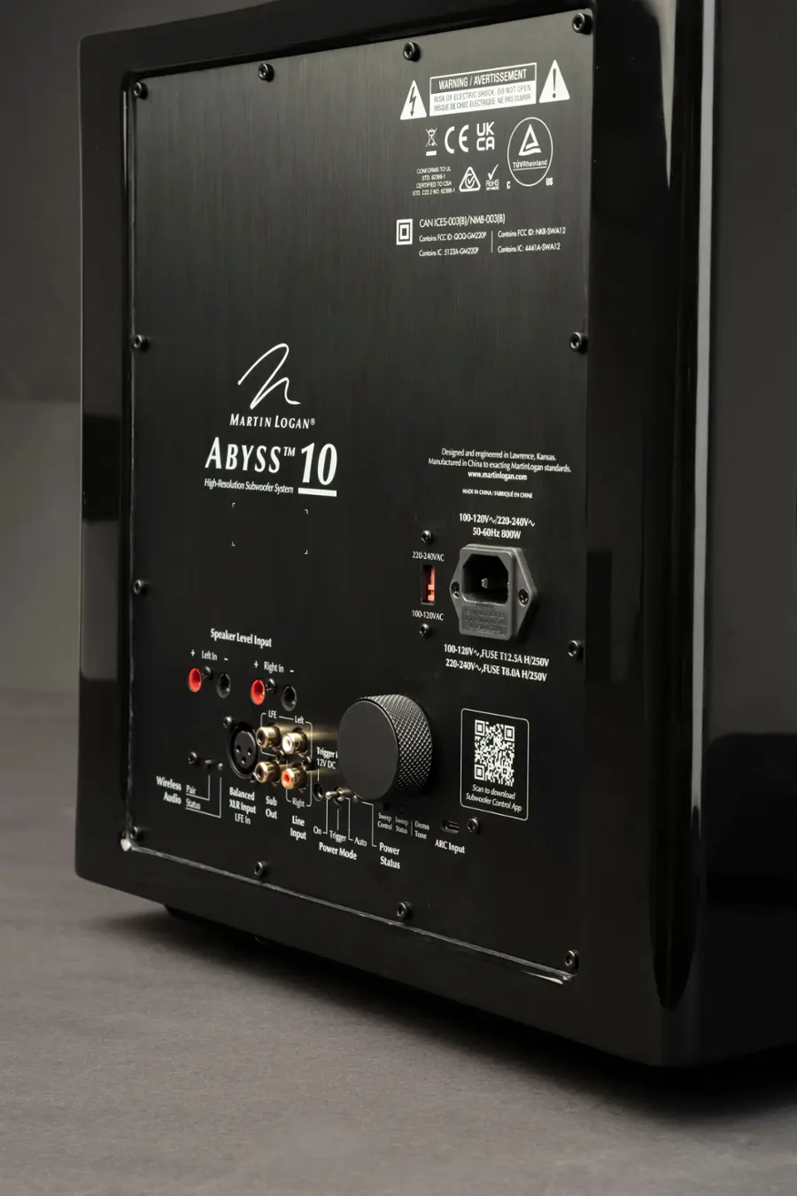 WARNING - Avertissement ! DO NOT OPERATE ELECTRIC SHOCK HAZARD - USE ELECTRICAL EQUIPMENT ONLY WITH PROPER INSTRUCTIONS AND FOLLOWING THE MANUFACTURER'S INSTRUCTIONS.

This is a Martin Logan Abyss 10 subwoofer system, designed and engineered in Lawrence, Kansas. It is manufactured to meet Martin Logan standards. The subwoofer system is rated at 800 watts and can be used with 100-120V AC or 220-240V AC, 50-60Hz. The input is speaker level and can be found on the right side of the subwoofer. The subwoofer system is equipped with a wireless power amplifier and a trigger input for a balanced subwoofer system. The subwoofer system can be controlled using the Martin Logan Abyss app, which can be downloaded from the App Store. The power supply for the subwoofer system is 12V DC and can be found on the left side of the subwoofer. The subwoofer system is designed for demo purposes and can be used with a variety of audio sources.