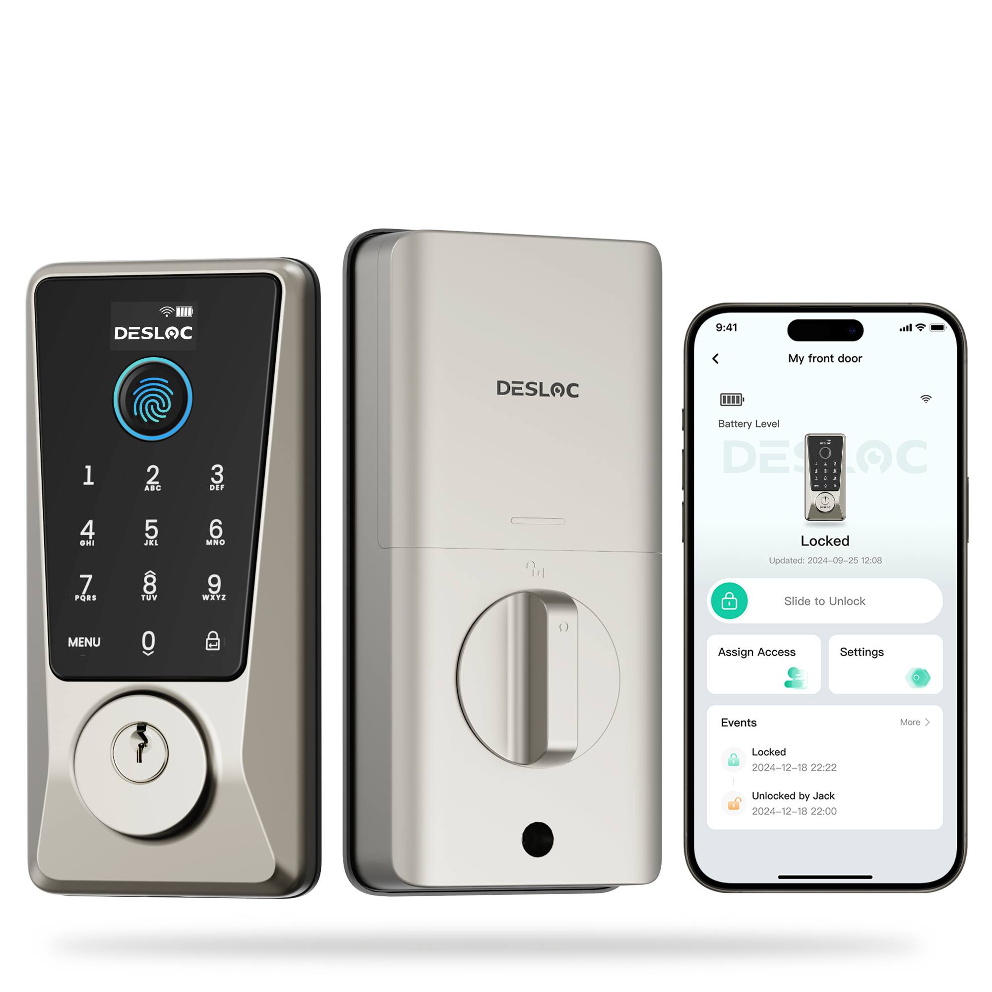 DESLOC 9:41  
My front door  
Battery Level  
Locked  
Updated 2024-00-25 12:08  
Slide to Unlock  
MENU  
Assign Access  
Settings  
Events  
Locked 2024-12-1 22:22  
Unlocked by Jack 2024-12-18 22:00