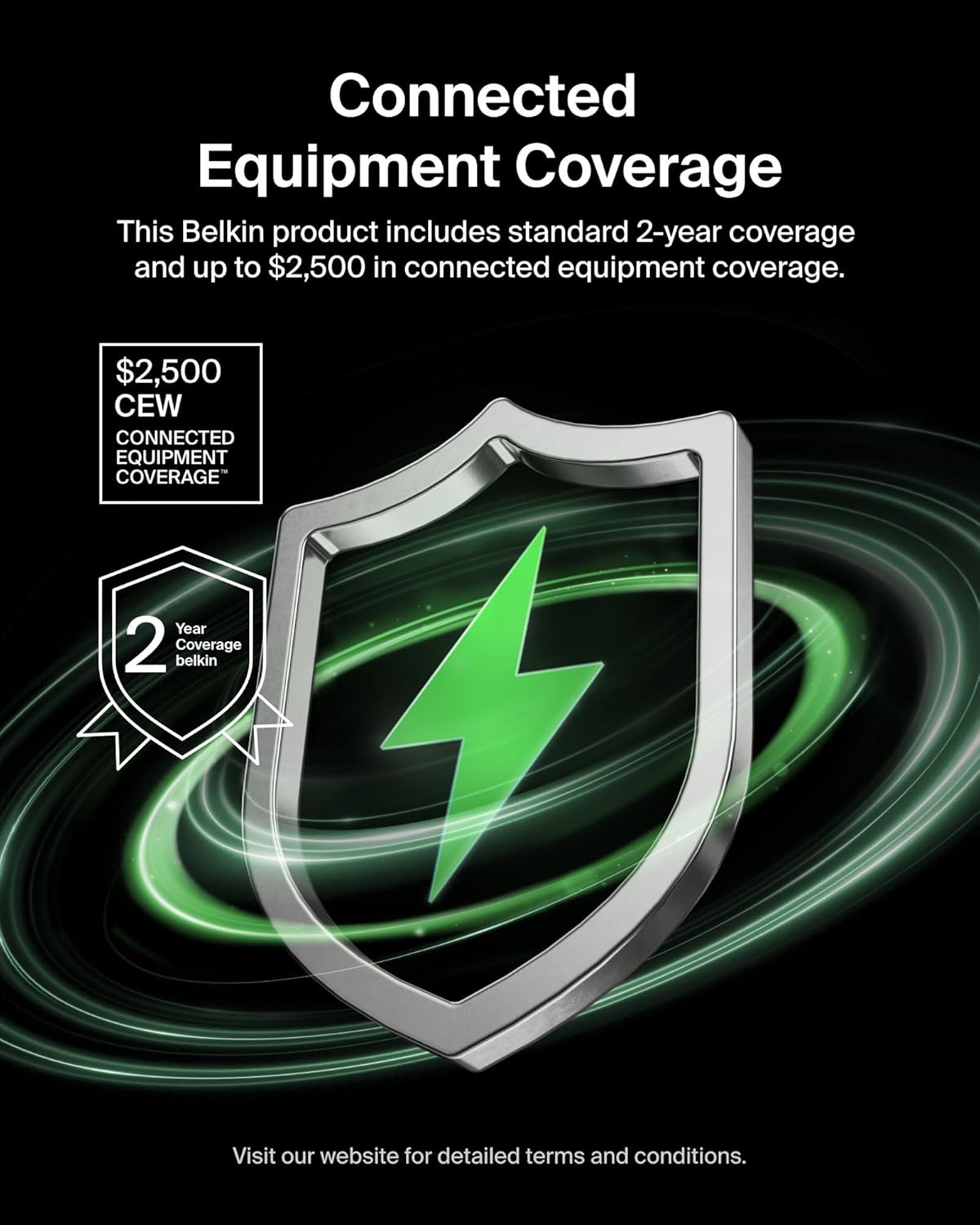 Connected Equipment Coverage

This Belkin product includes standard 2-year coverage and up to $2,500 in connected equipment coverage.

$2,500 CEW CONNECTED EQUIPMENT COVERAGE

Year 2 Coverage belkin

Visit our website for detailed terms and conditions.