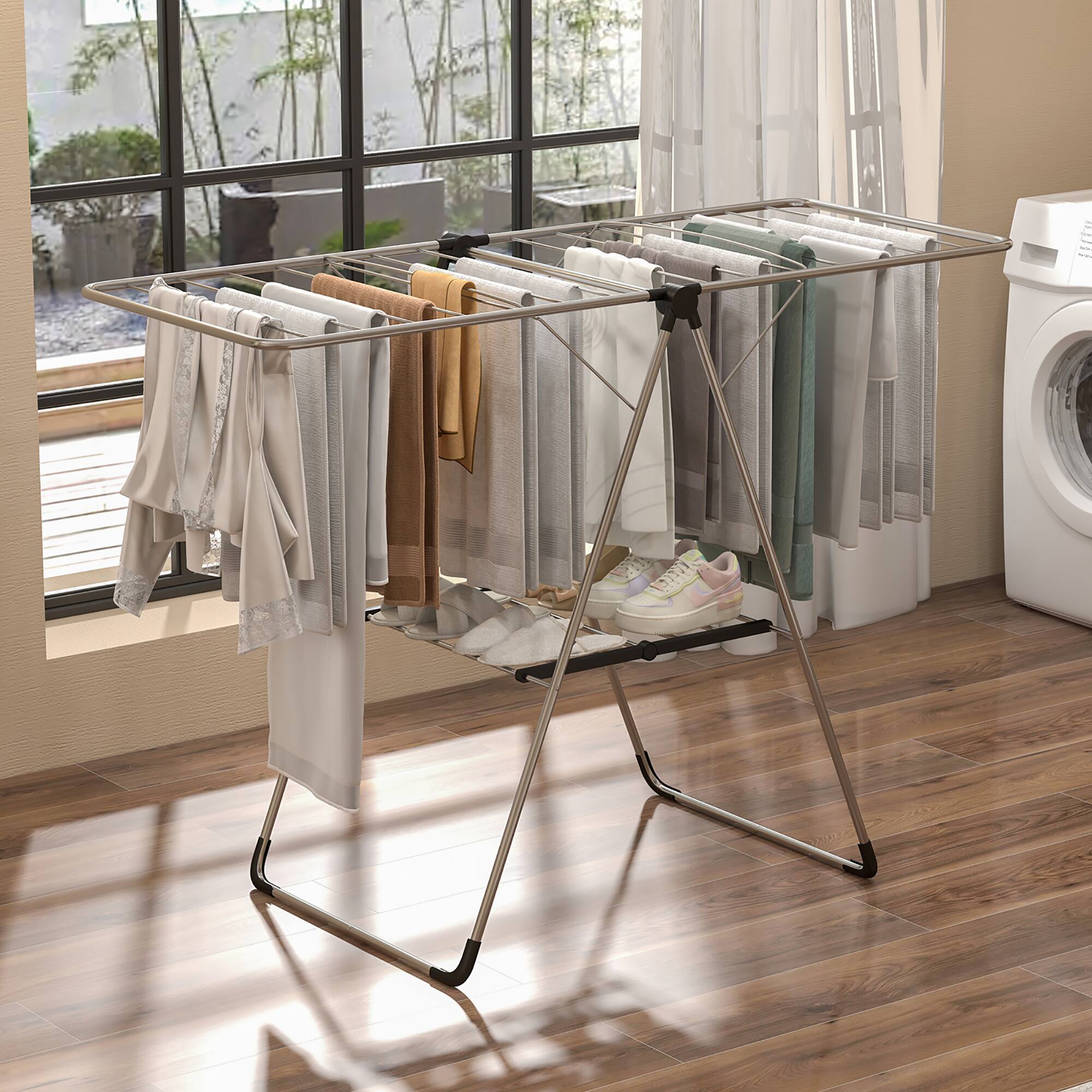 Alt View 3. Gymax - Gymax 2-Tier Laundry Drying Rack w/ Adjustable Wings Height Foot Pad Aluminum Frame - Silver.