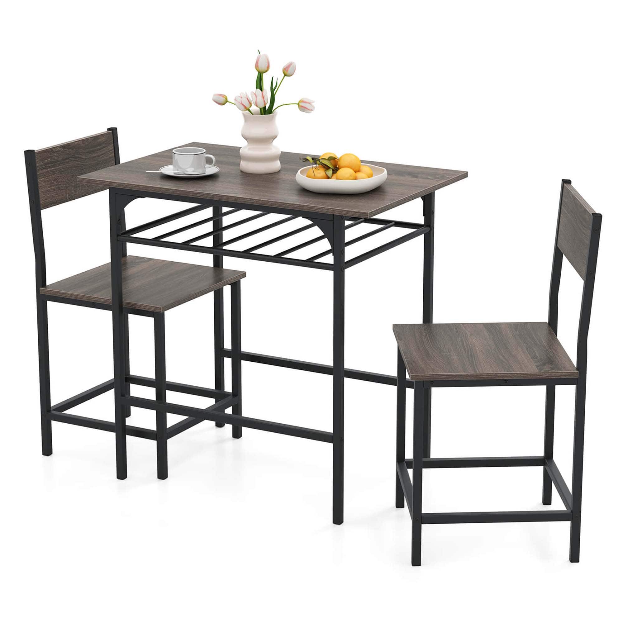Costway - 3-Piece Wood Rectangular Table & Chair Set Dining Table Set with Metal Frame - Gray