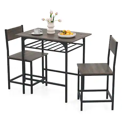 Front. Costway - Costway 3-Piece Wood Rectangular Table & Chair Set Dining Table Set with Metal Frame - Gray.
