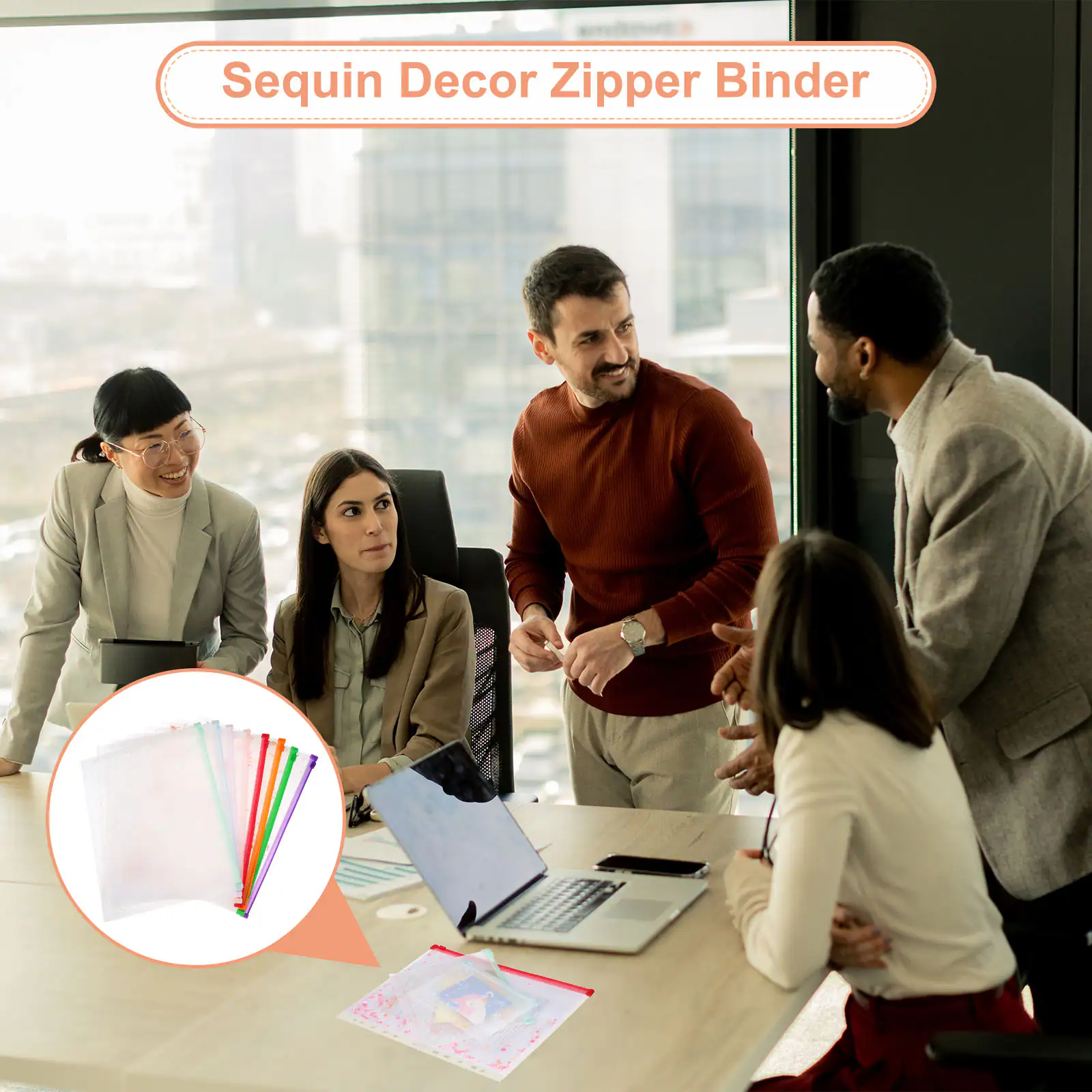 Sequin Decor Zipper Binder