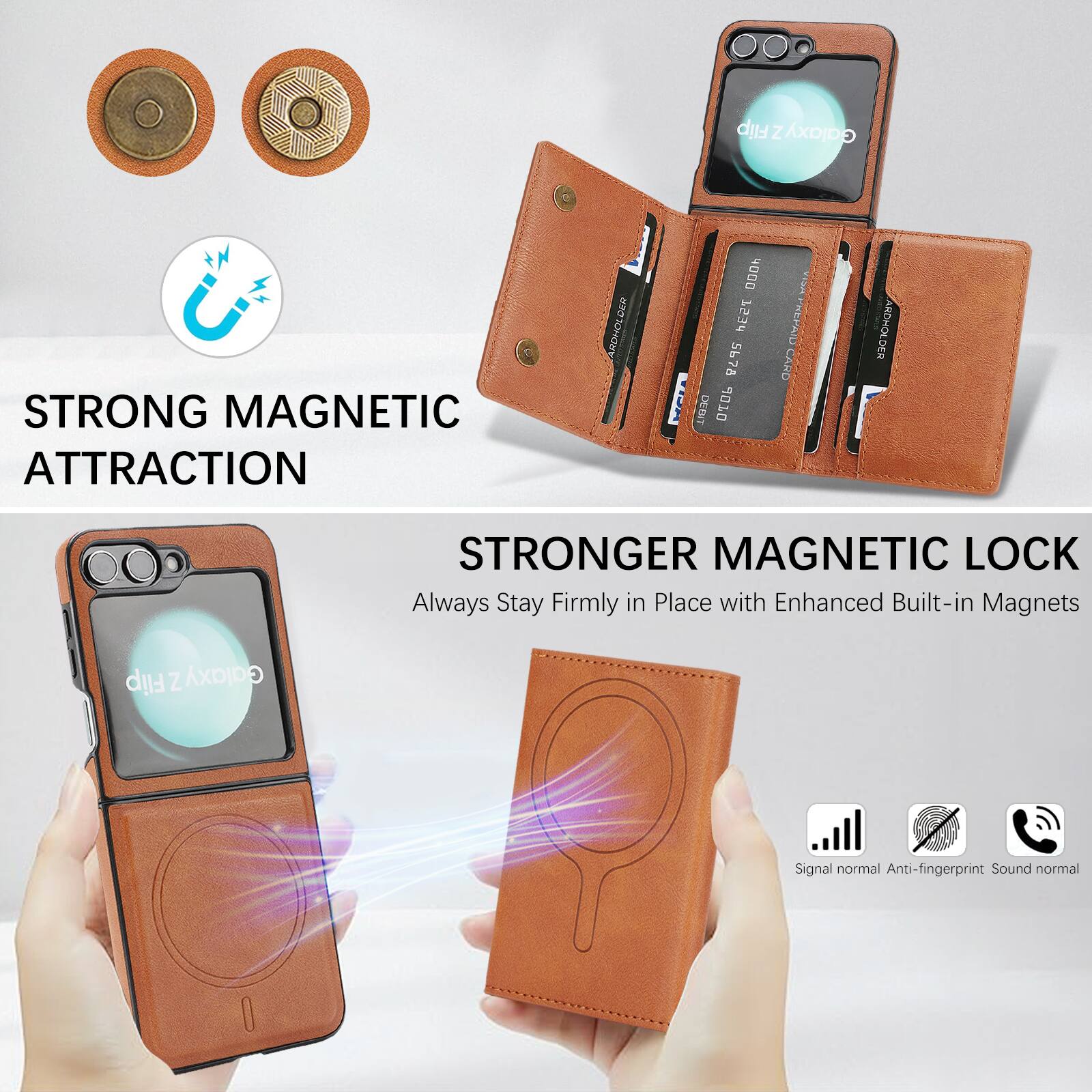 Flip Z Galaxy STRONG MAGNETIC ATTRACTION RC ARDHOLDER 4000 PE54 5678 DEINT 06 TSEA PREMIUM CAND ARDHOLDER STRONGER MAGNETIC LOCK Always Stay Firmly in Place with Enhanced Built-in Magnets Flip Z Galaxy Signal normal Anti-fingerprint Sound normal